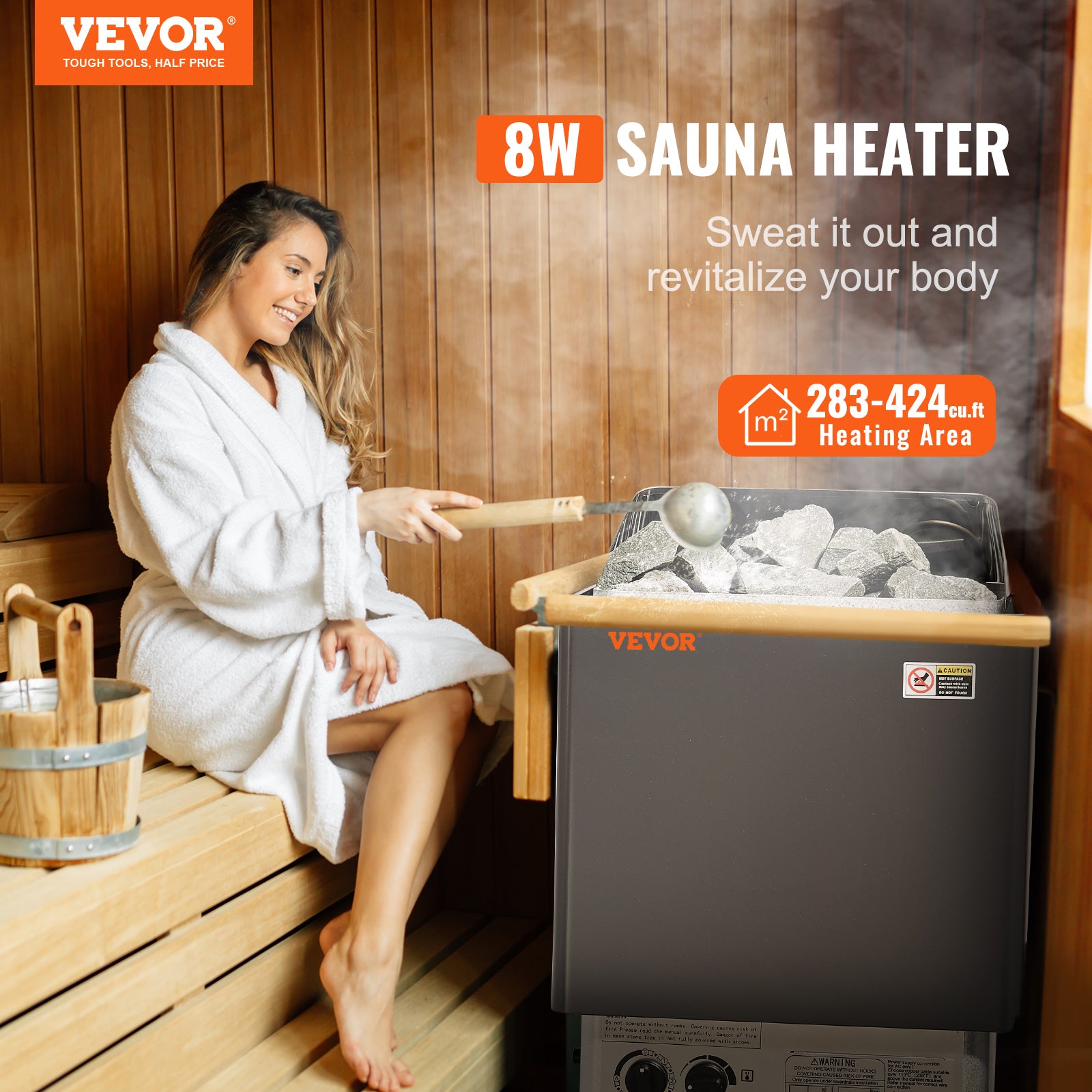 Poêle sauna VEVOR, inox, 8 kW 400 V 3N, minuterie 3 h, 110 °C, pour 8–12 m³, usage spa/hôtel, pierres non incluses - 2