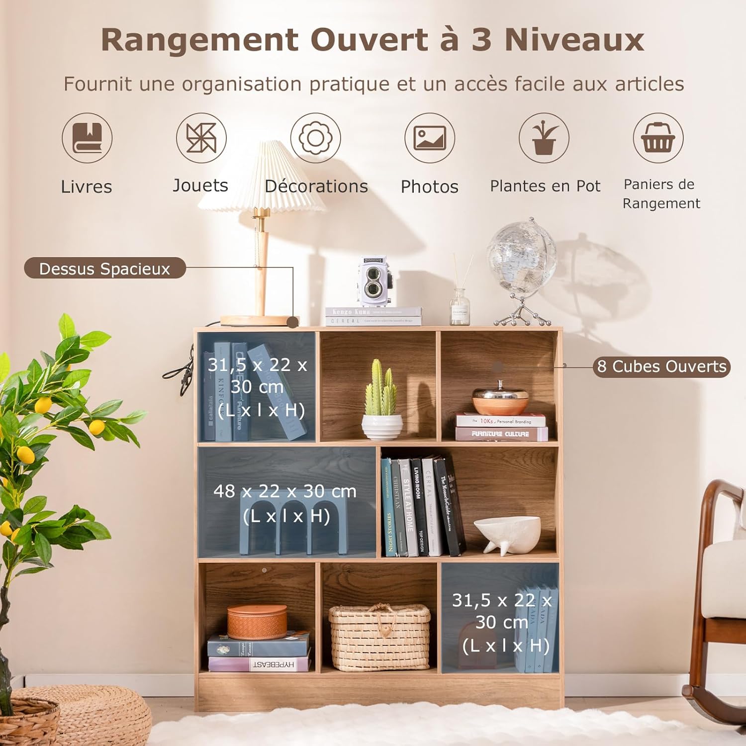 Libreria a 8 Cubi, Organizzatore di Stoccaggio a 3 Ripiani con 2 Kit Anti-Ribaltamento, Scaffale Multiuso in Legno per Soggiorno, Ufficio Stan - 6