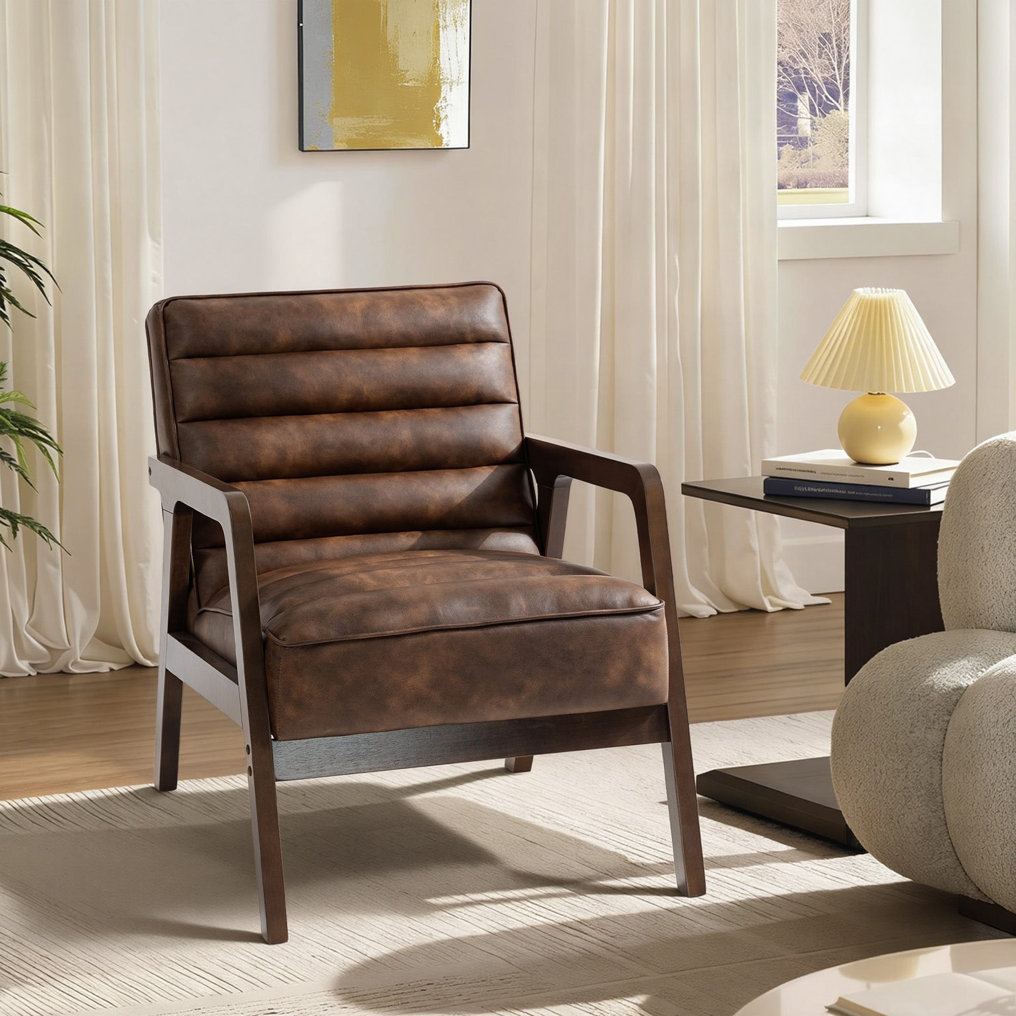 Fauteuil salon, fauteuil d'appoint rembourré en PU avec large assise, coussin épais et structure en bois massif, marron - COMFORTXL - 2