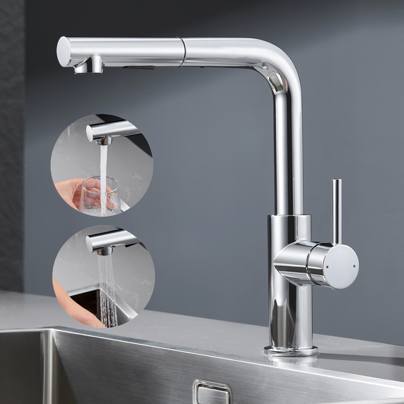 Robinet Cuisine avec Douchette Extractible, Mitigeur Cuisine Acier Inoxydable 2 Modes Pivotant Eau Froide et Chaude Robinet D'Évier de Cuisine-Noir + Chromé