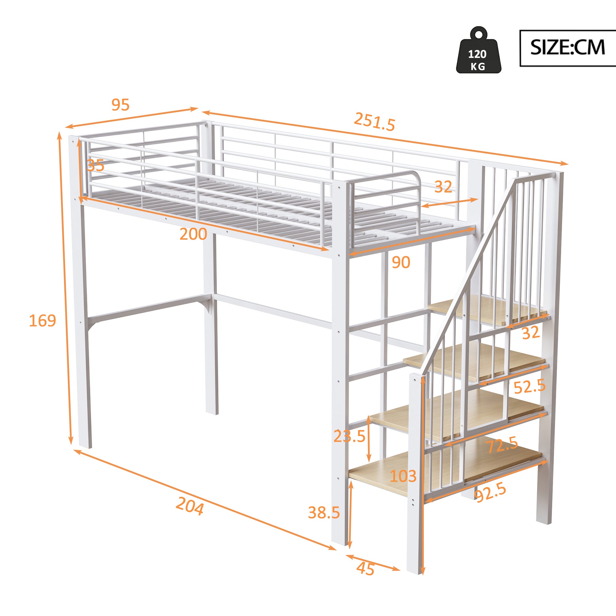 Lit mezzanine en métal 90 x 200 cm, lit d'enfant avec escalier, lit superposé avec sommier à lattes pour adulte et enfant, blanc (sans matelas) - 4