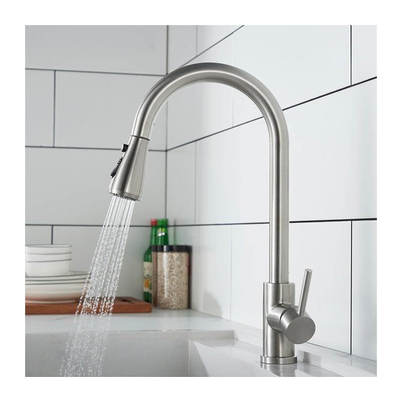 Bateria kuchenna z wyciąganym prysznicem ręcznym ze szczotkowanej stali nierdzewnej Jednouchwytowa bateria zlewozmywakowa obracana o 360°