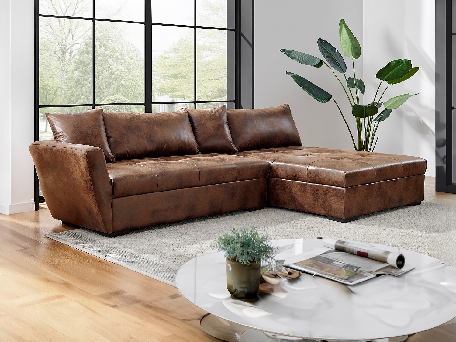 Kanapa narożna rozkładana z postarzonej mikrofibry ROMANE - Brązowy vintage - Narożnik prawostronny