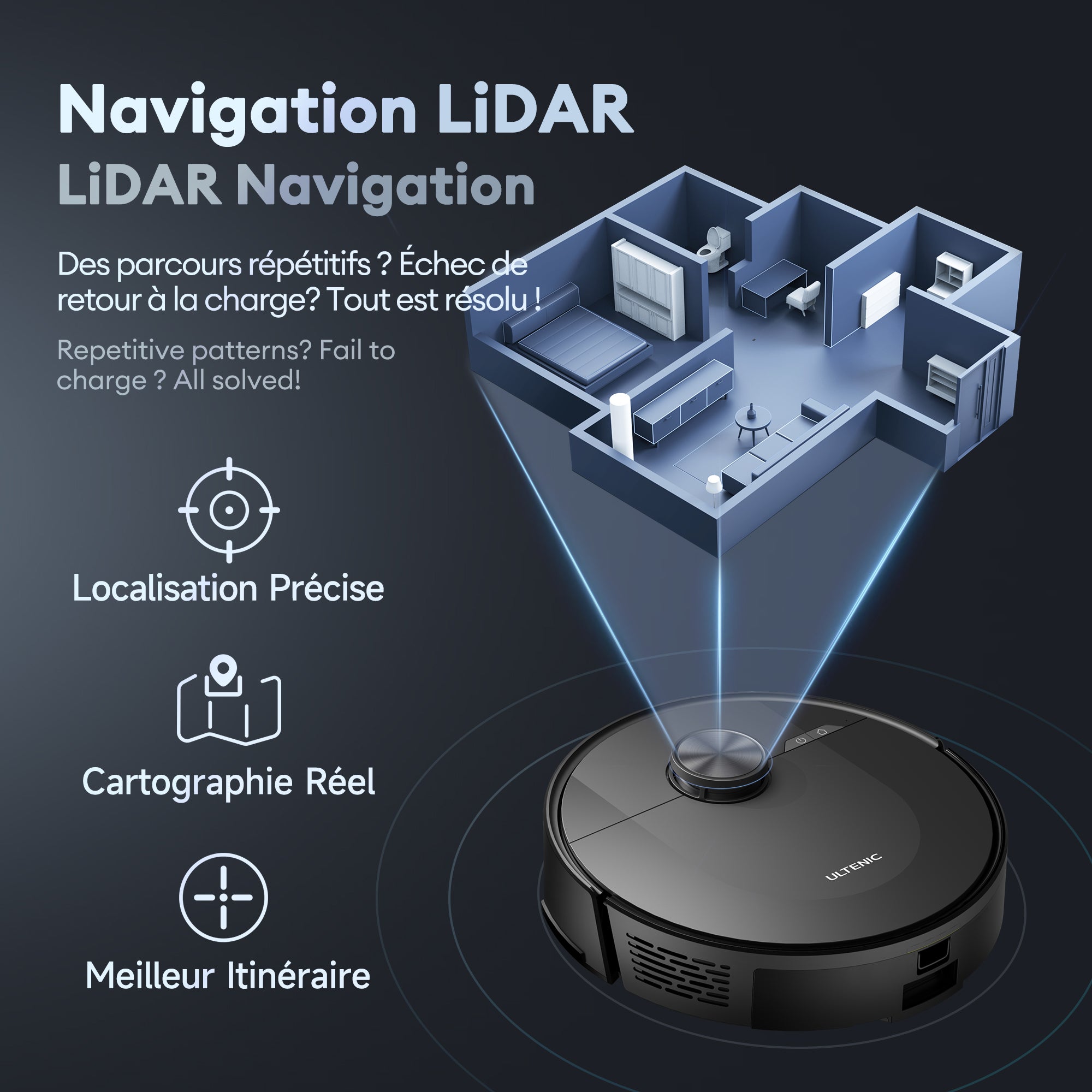 Ultenic DL10 Robot Aspirador y Fregasuelos con Navegación Láser, 8000Pa, 200Min, Robot Limpieza con Mapeo, Auto Carpet Boost, DL10 - 2