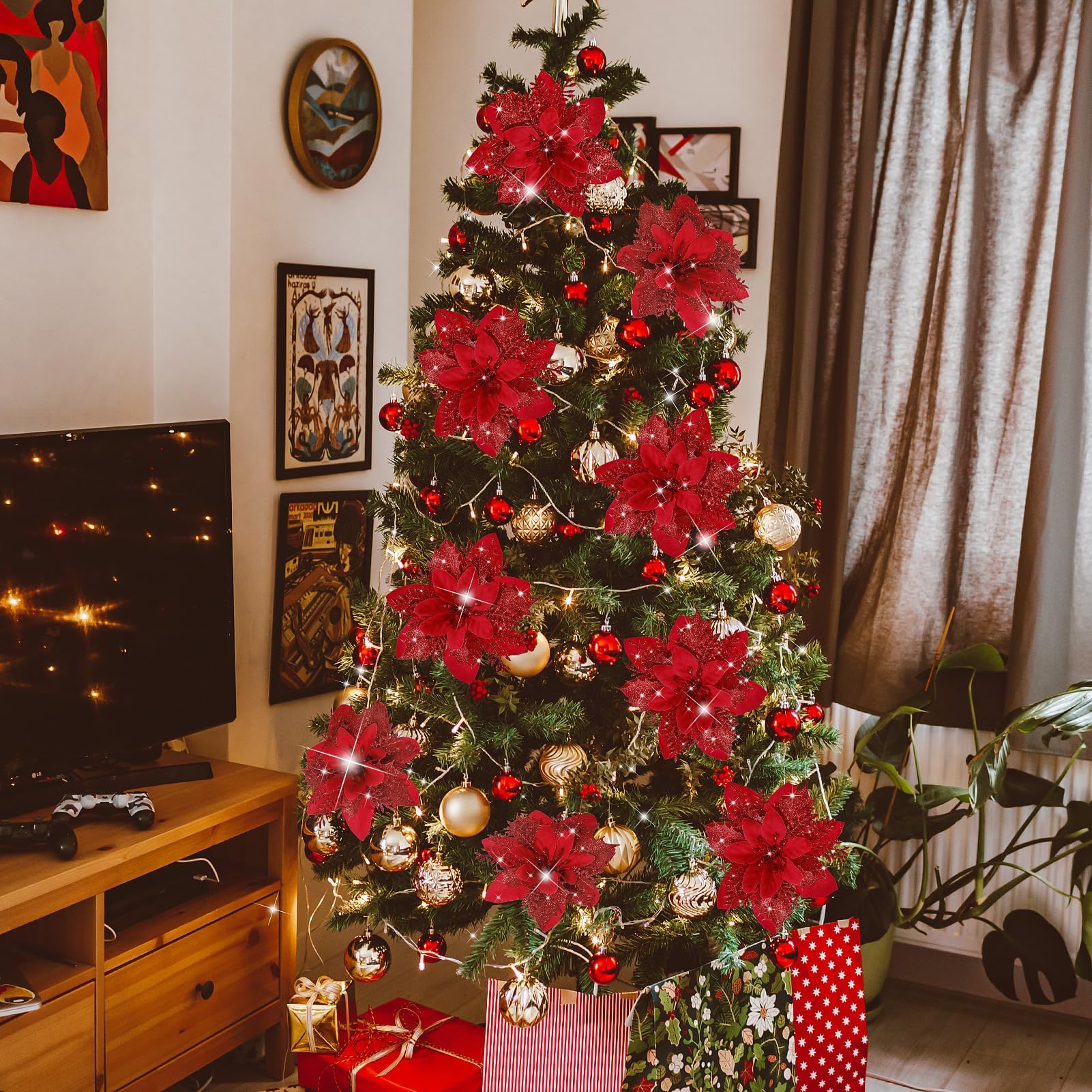 50 pièces décorations de noël, fleurs de noël artificielles avec clips, guirlande d'arbre de noël scintillante pendentifs de fleurs artificielles - 2