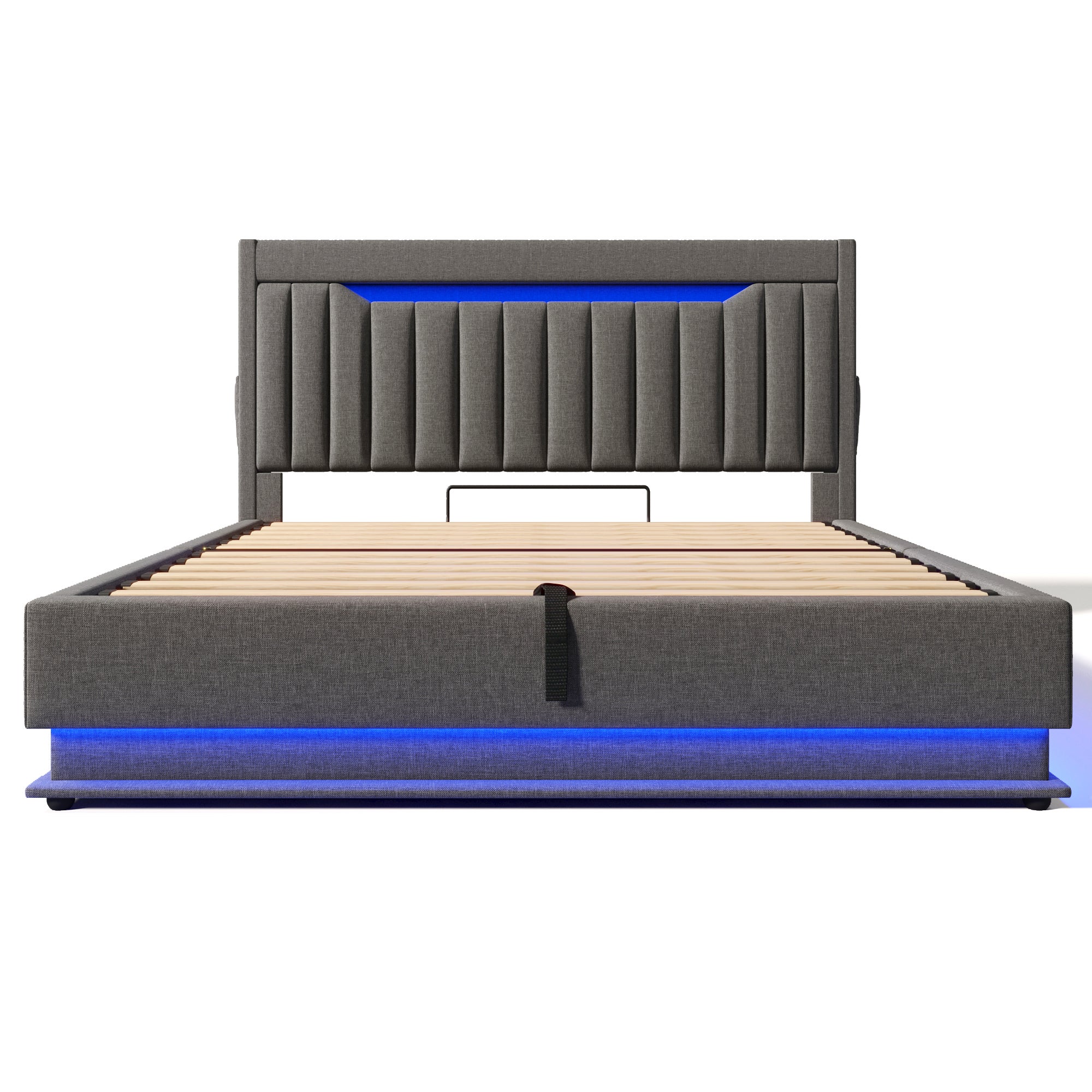 Cama con almacenaje tapizada 140x200cm - con LED - con puertos USB y Tipo C - Tejido de lino - Cabecero con espacio de almacenaje - Gris - 8
