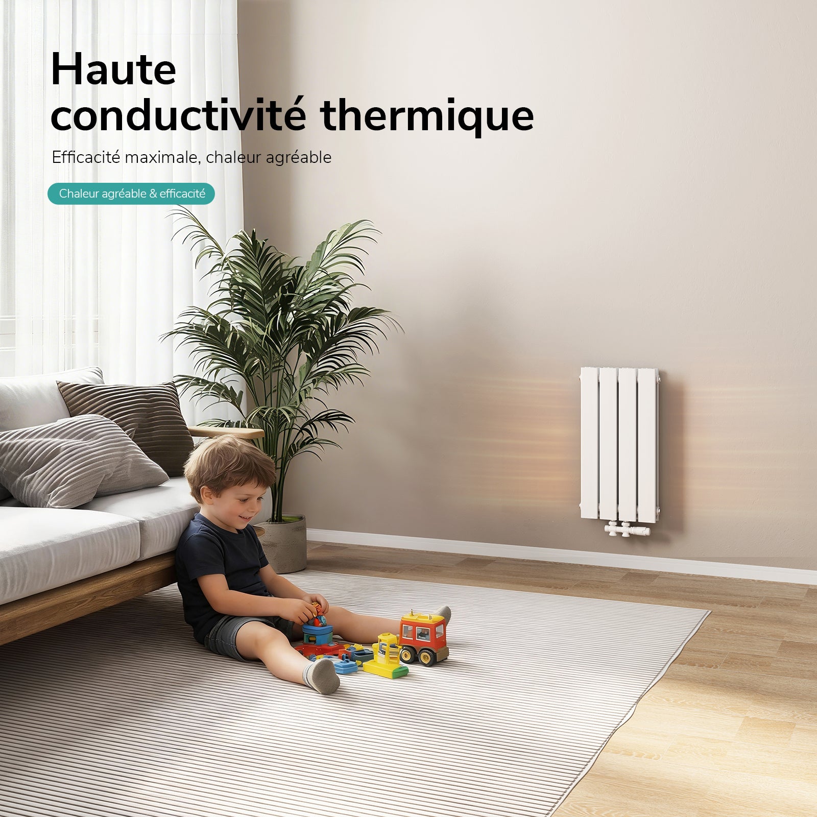 EMKE Radiateur eau chaude en acier 60x30cm 327W Radiateur plat Double couche connexion centrale Montage mural, Blanc - 4