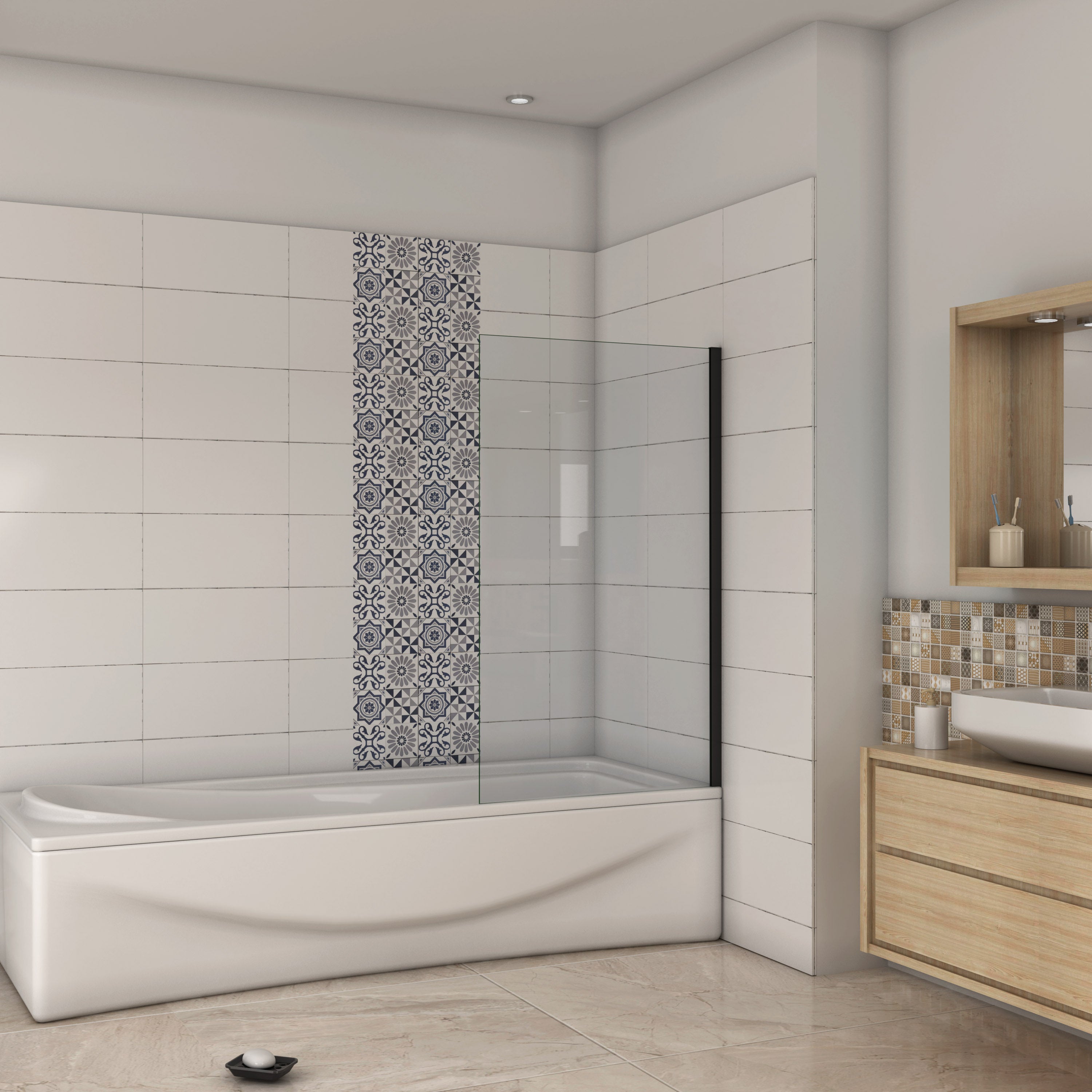 Pare-baignoire fixe - Aluminium noir mat - 70cm - écran de baignoire H.130cm - 5mm verre trempé - 2