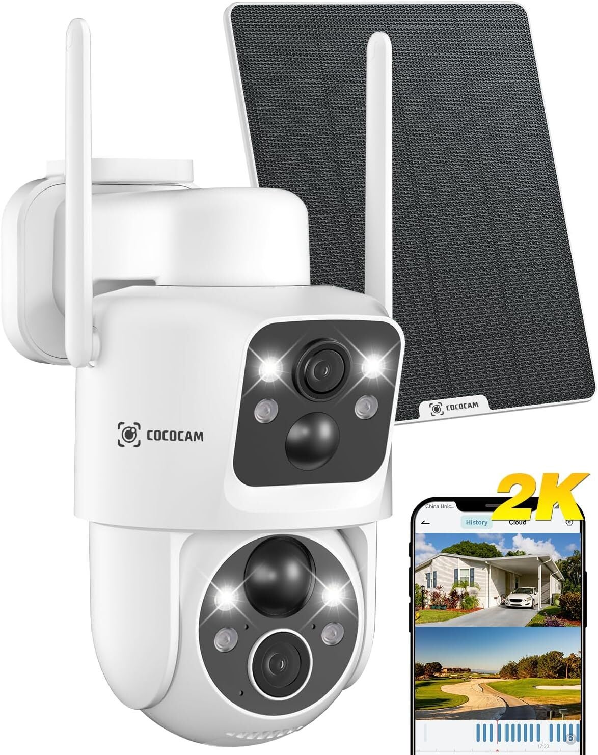 COCOCAM 2K Zewnętrzna Słoneczna Kamera Monitoringu z Podwójnym Obiektywem, Podwójna Detekcja PIR, Bateria 10000mAh, Panel Słoneczny 6W, Analiza AI