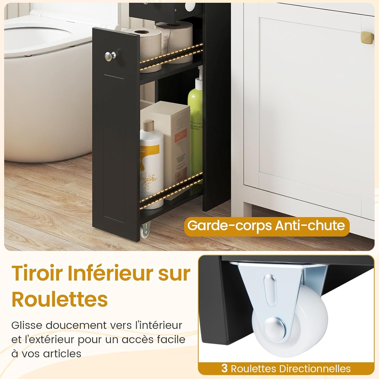 COSTWAY Mobiletto da Bagno con Ruote, Mobile Laterale Stretto per Bagno