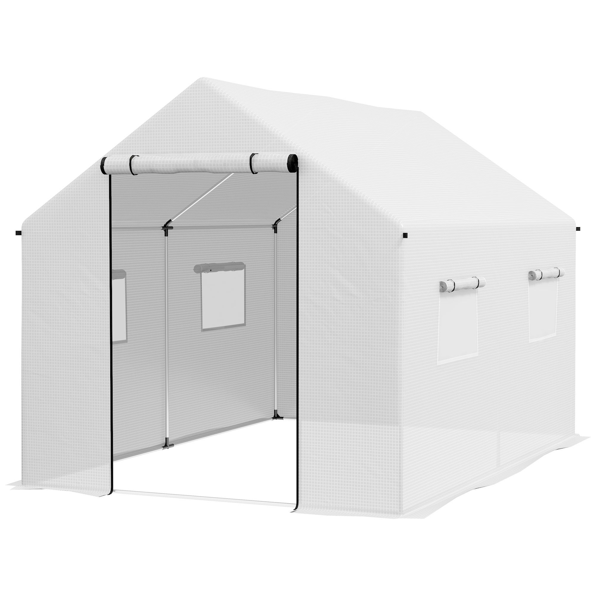 Serre de jardin tunnel 2x3m,6m² avec porte enroulable,4 fenêtres,- Acier galvanisé PE Haute densité Blanc - 2