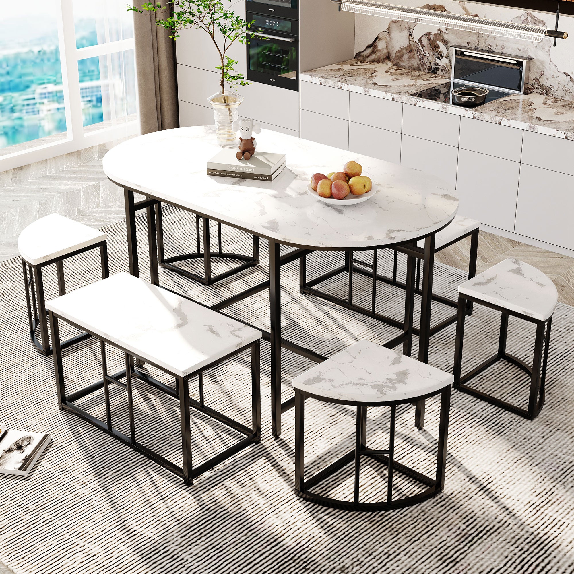 Ensemble Table Salle à Manger 6 Chaises – Moderne, Ovale 140x80 Cm, Structure Fer Noir, Chaises Rembourrées Grises