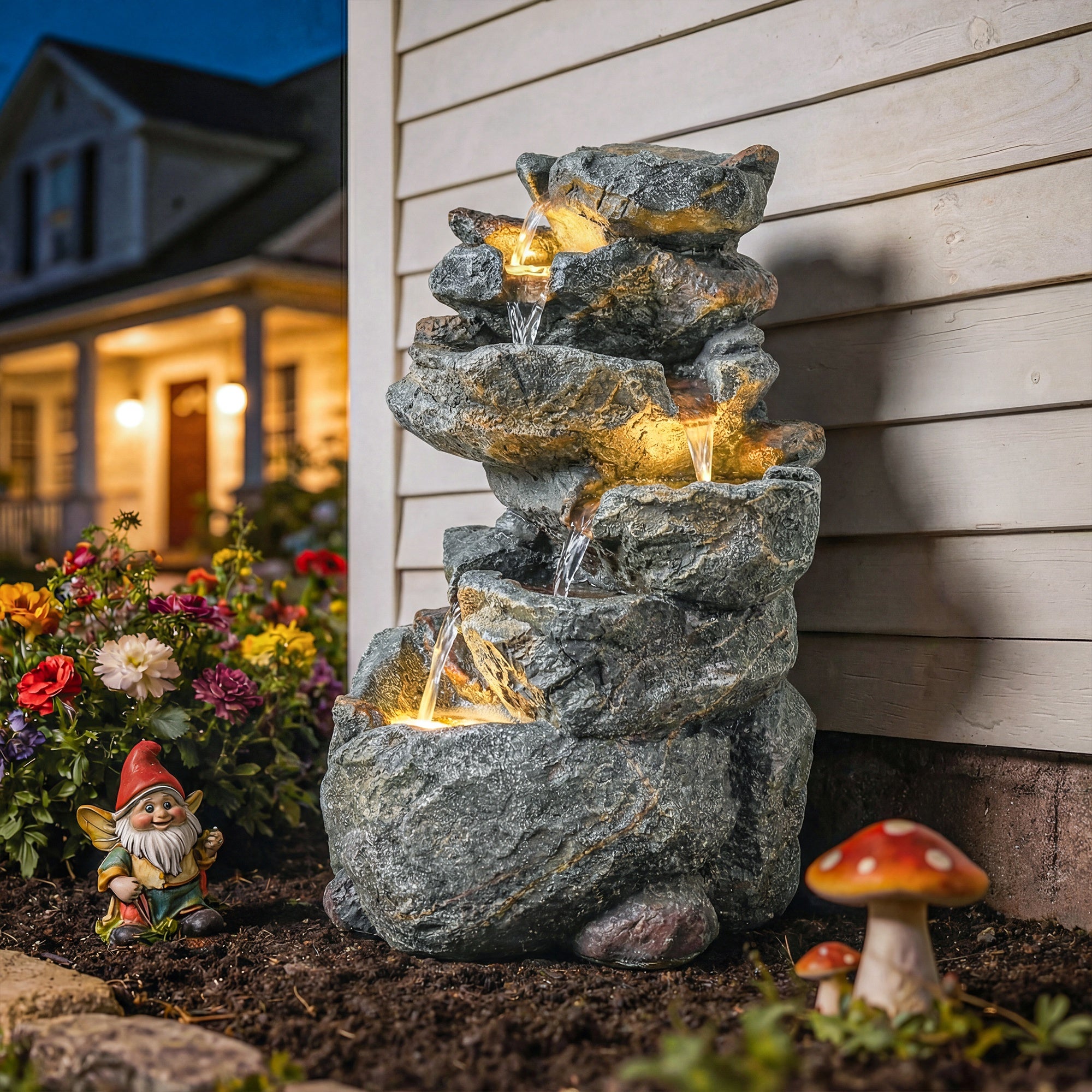Fontaine jardin cascade 6 niveaux décoration zen résine pierre naturelle 33x27x53 cm gris - 3