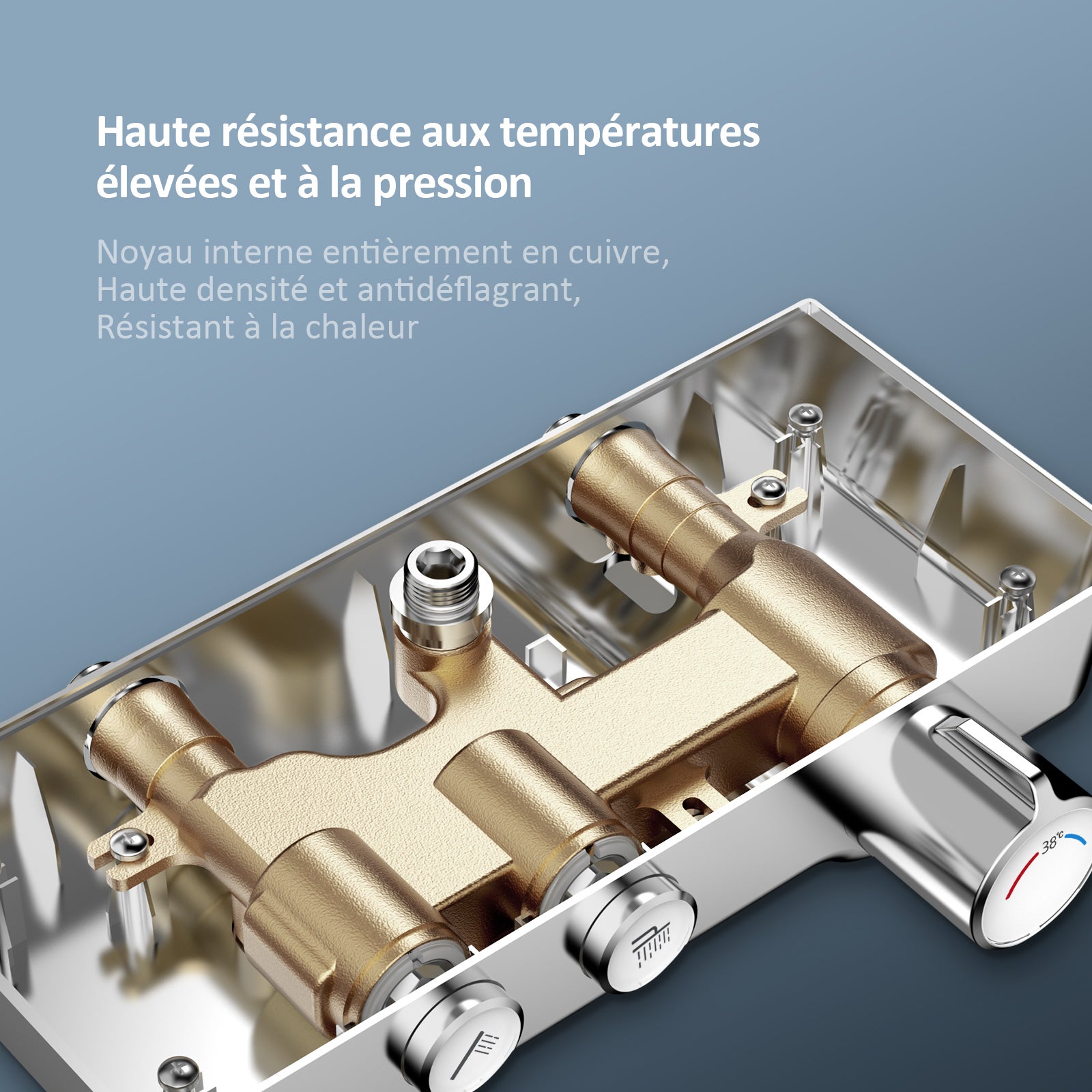 EMKE Colonne de douche thermostatique 38℃, douche de pluie carrée, douchette à main 3 jets, hauteur réglable avec tablette en verre, finition chromée - 4