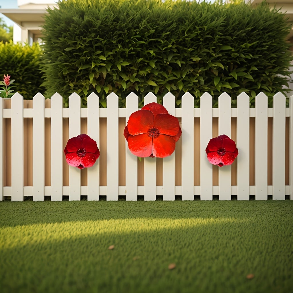1 lot de coquelicots géants en métal rouge à suspendre au mur – Décoration murale pour clôture de jardin, 28 + 19 cm - 6