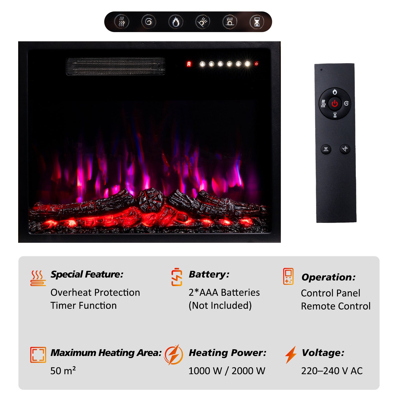 HOMAVO&nbsp;23''&nbsp;Cheminée&nbsp;Électrique, 1000/2000W, Flamme&nbsp;3D, Télécommande, Minuterie, Sécutité&nbsp;Surchauffe, Meuble Blanc inclus - 8