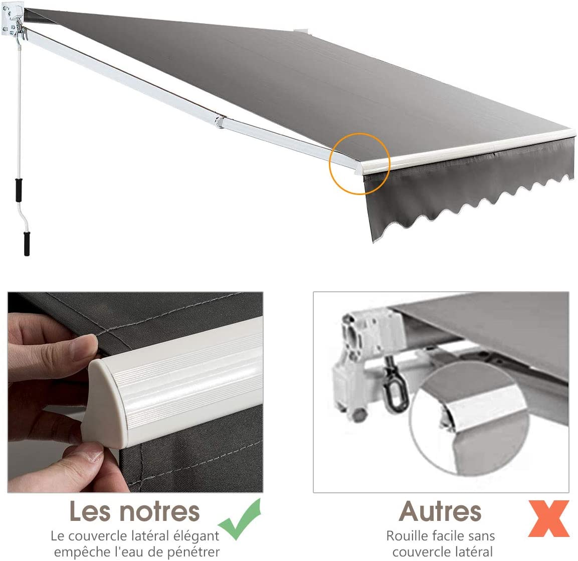 Auvent Rétractable Manuel 295x250CM Angle Ajustable 40°-100° sans Perçage en Aluminium, Gris - 3