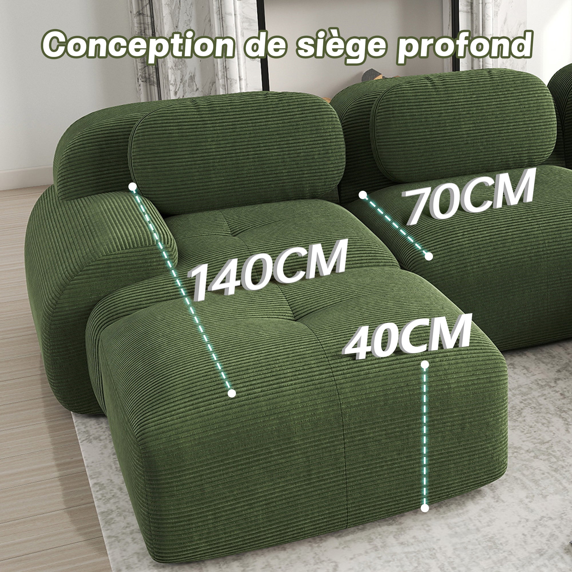 Canapé 3 places d'angle modulable - en Velours côtelé - avec 3 oreillers et pouf - 298x178x70cm - Vert - 9