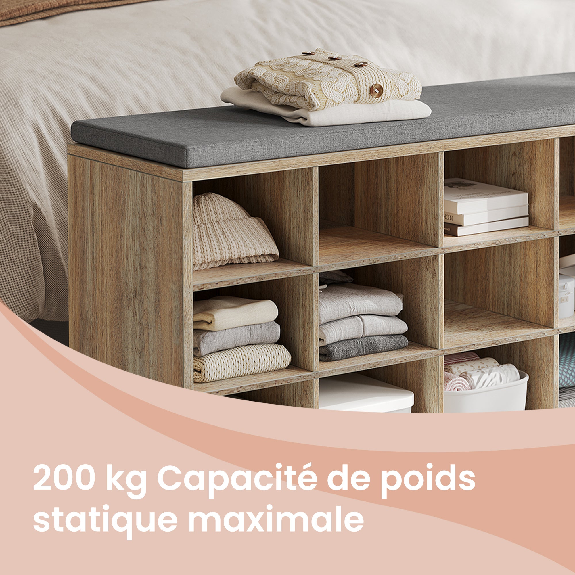 Banc à Chaussures, Banc de Rangement avec Siège Rembourré, 15 Compartiments, Étagères Réglables, pour Salon, Couloir, Couleur Chêne - 4