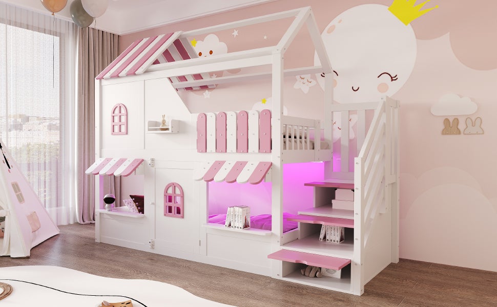 Lit superposé 90 x 200 cm avec fenêtres, toit, auvent, rambarde et porte - Pin + contreplaqué + MDF - LEDs - Rose + blanc (Sans matelas) - 6