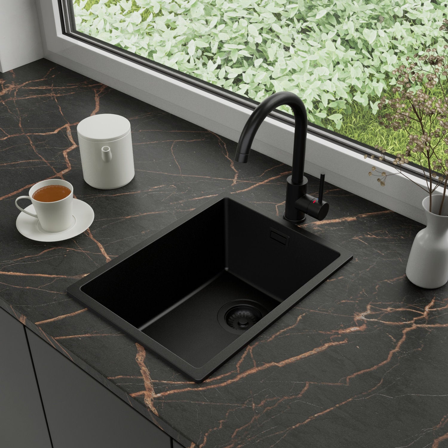 Zlewozmywak Granitowy 36x47cm, do szafki od 40cm + Bateria + Syfon - Agate Cały Czarny STONESTYLE