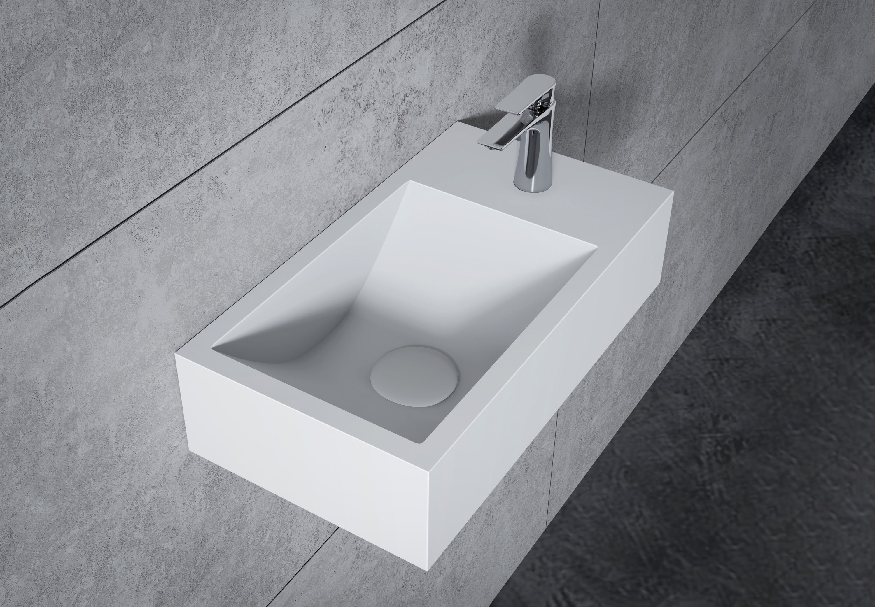 BERNSTEIN - Vasque murale suspendue design 44x22x10cm en fonte minérale - Blanc mat, Avec bonde et cache blanc, Rangement droite, Sans console - 2