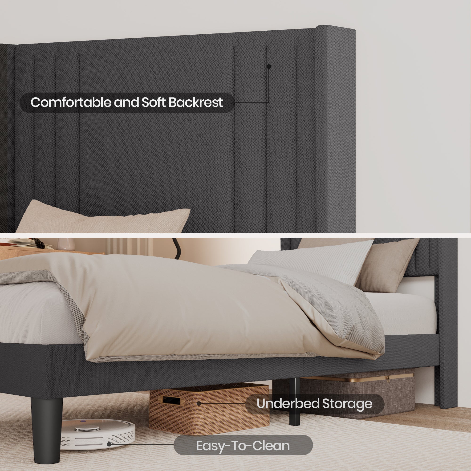 Lit Simple Capitonné 120 x 200 cm avec Tête de Lit pour Rangement Bealife Sommier à Lattes Tissu en Lin Lit Enfant Adolescent Gris Foncé - 4