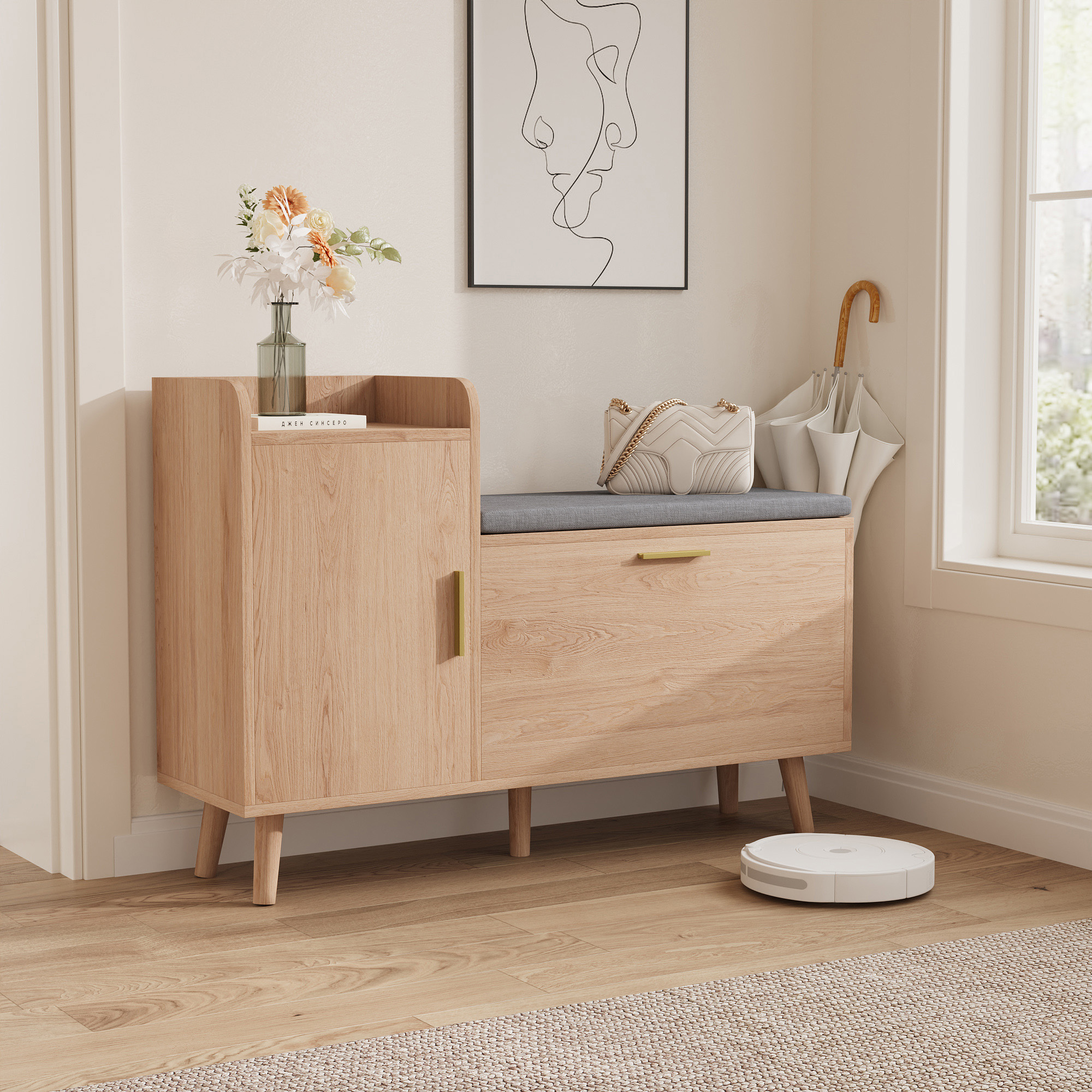 Rangement chaussures, Meuble à Chaussures, COZY, Banc-Armoire, 2 Étagères, Banc d'entrée avec rangement, Coussin Amovible, Style Scandinave - 2