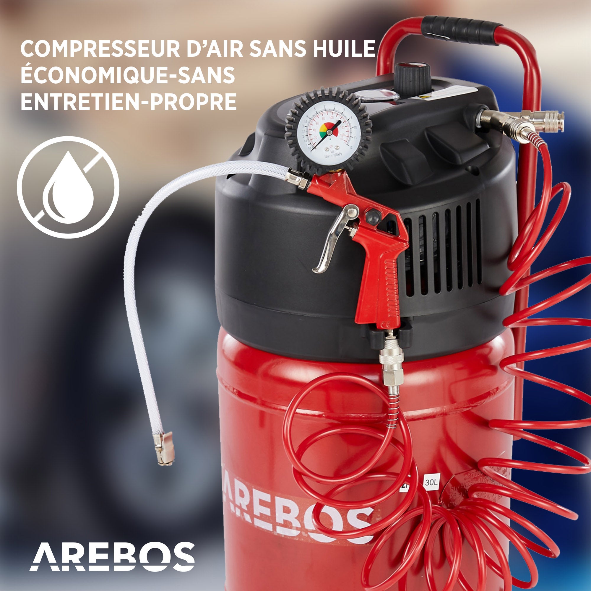 AREBOS Compresseur d'air avec kit d'accessoires 13 pièces mobil Sans huile Arrêt automatique Capacité : 30 litres - 4