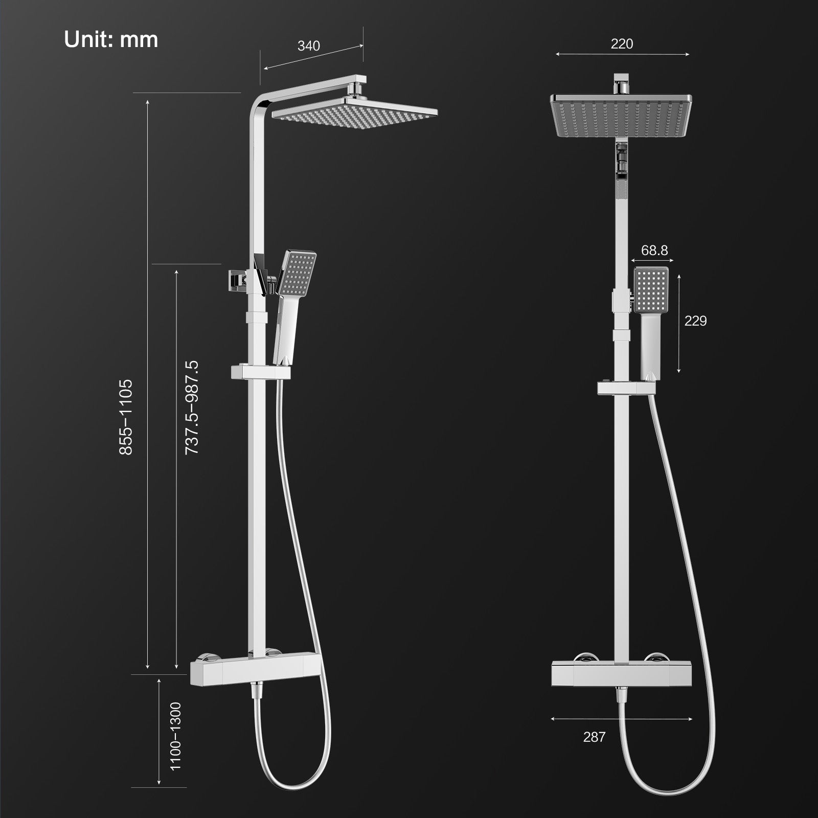 Colonne de Douche Thermostatique Chromé, Ensemble de Douche avec pomme de douche et tête de douche, Hauteur Réglable 855-1105mm - 8
