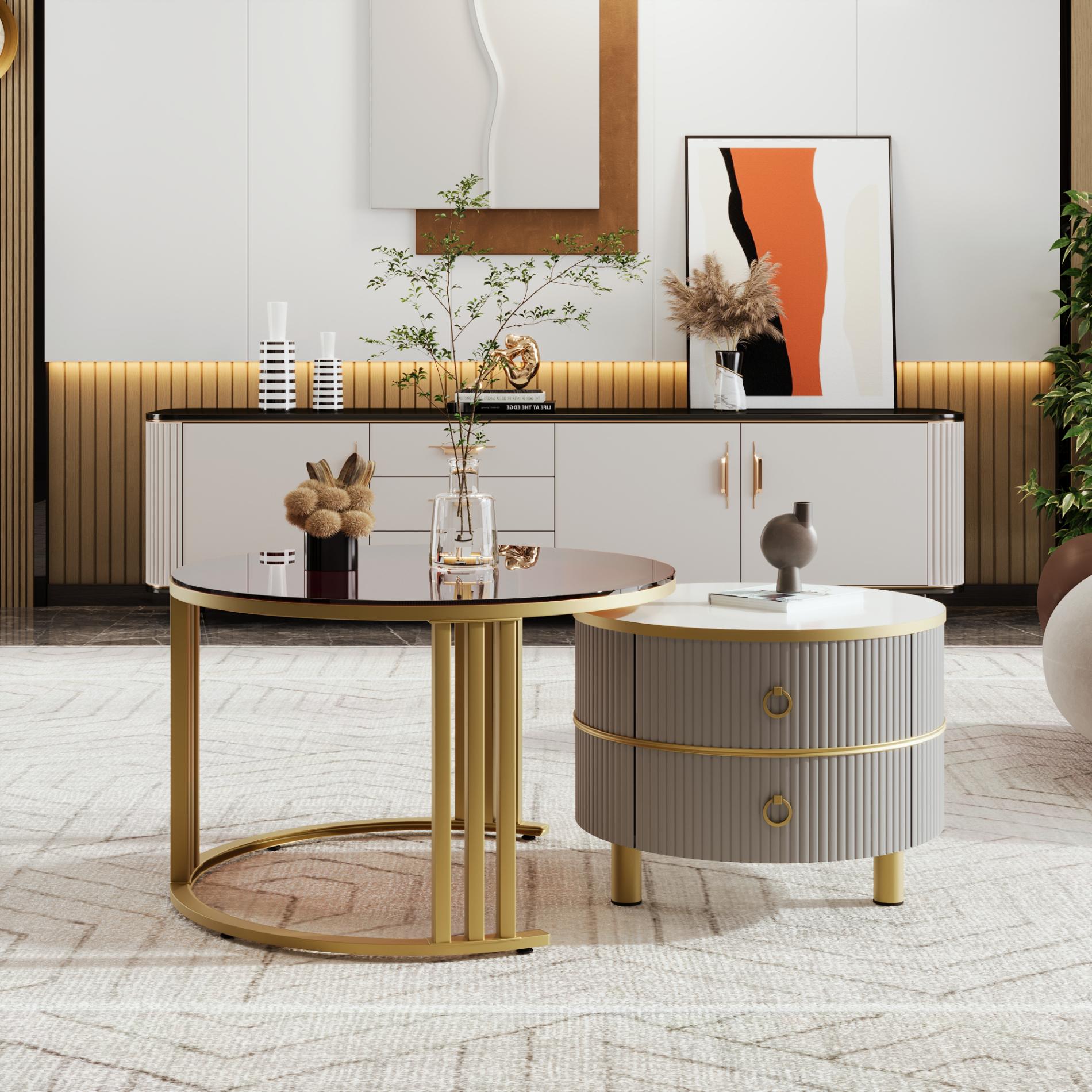 Tavolino rotondo 2-in-1 in MDF con piano in vetro temperato