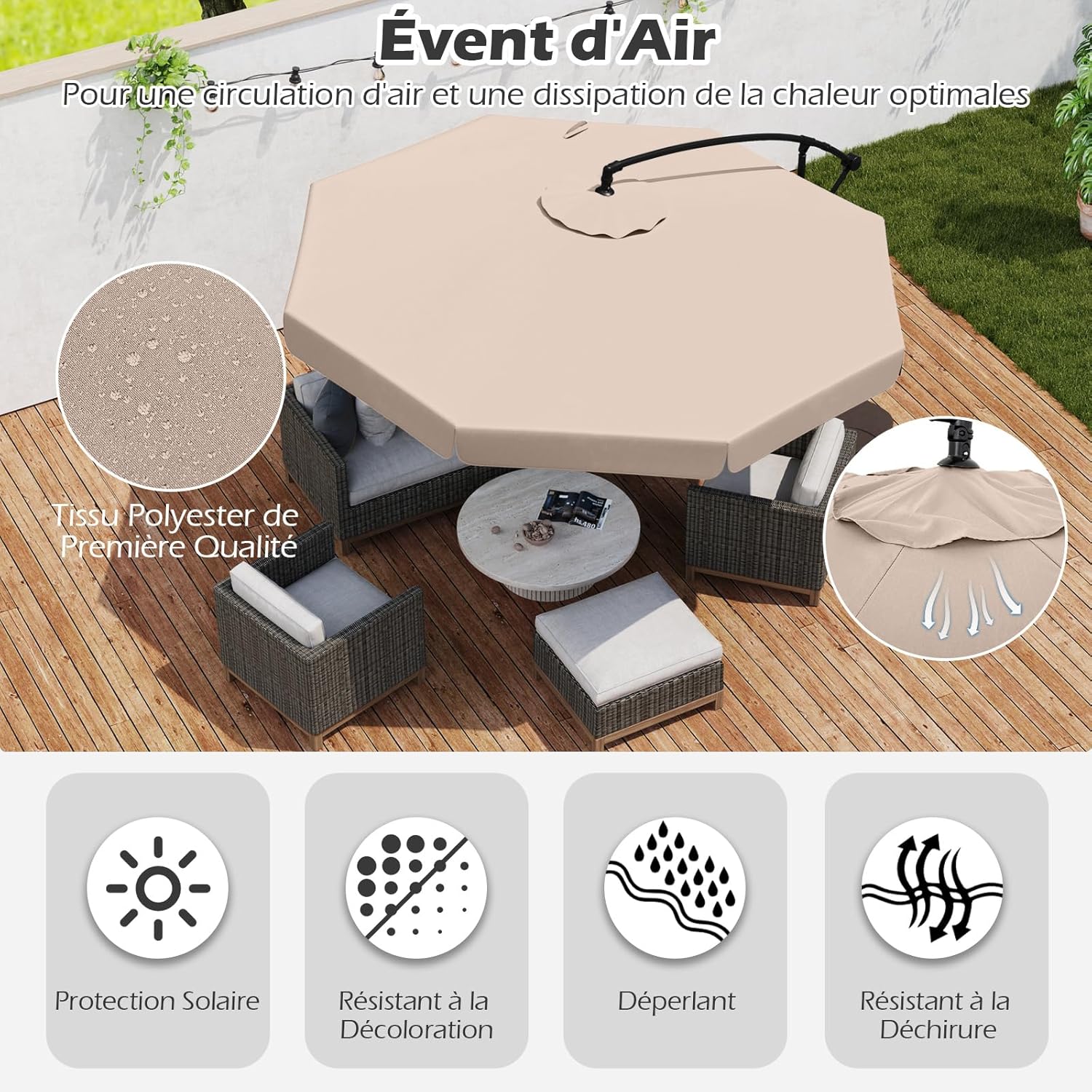 Parasol Déporté 3x3m avec Housse, Grand Parasol de Jardin Exterieur,8 Baleines et Base Croisée, Parasol Inclinable Suspendu avec Manivelle(Beige) - 3