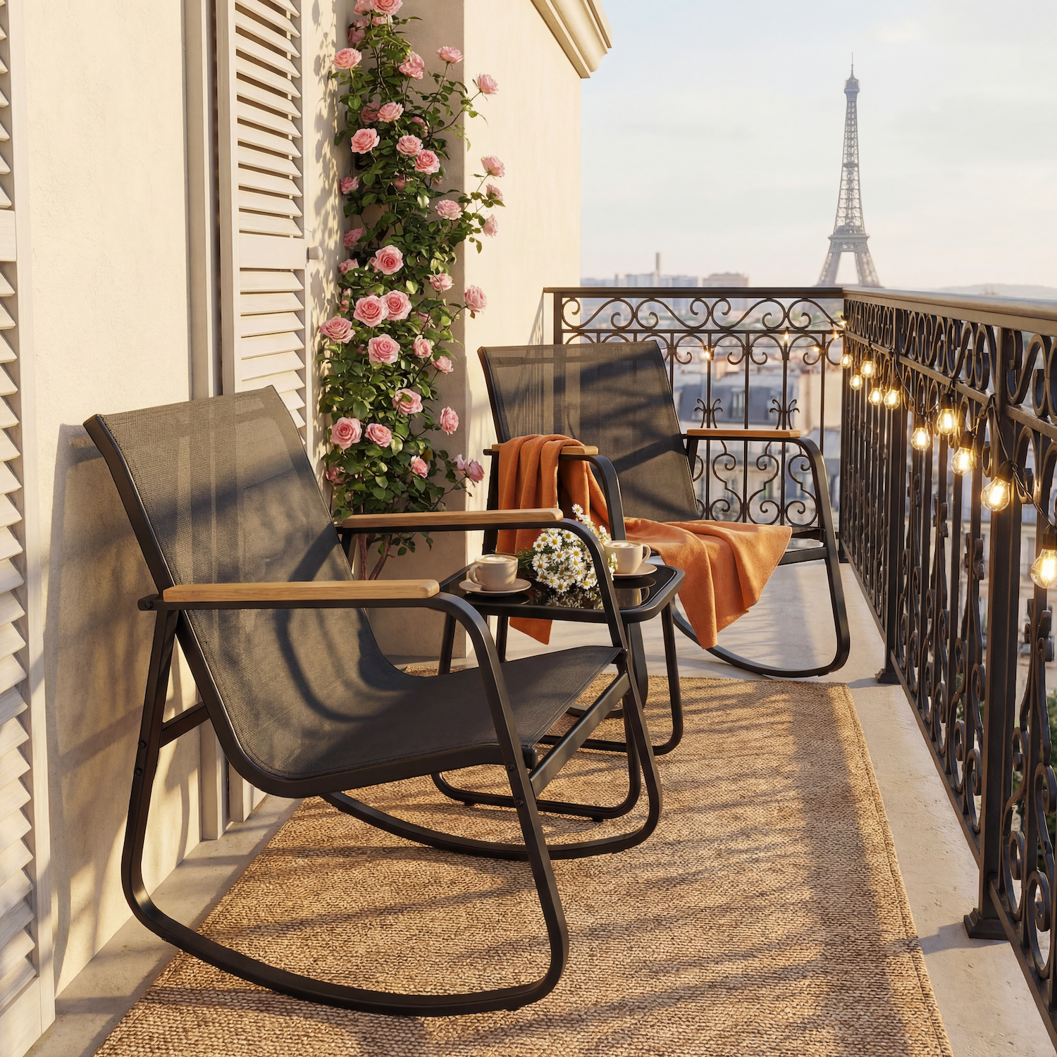 Zestaw Balkonowy 3 Części Czarny – Fotele Bujane Z Textilenu Antypoślizgowe – Stół Ze Szkła Hartowanego – Na Taras I Ogród