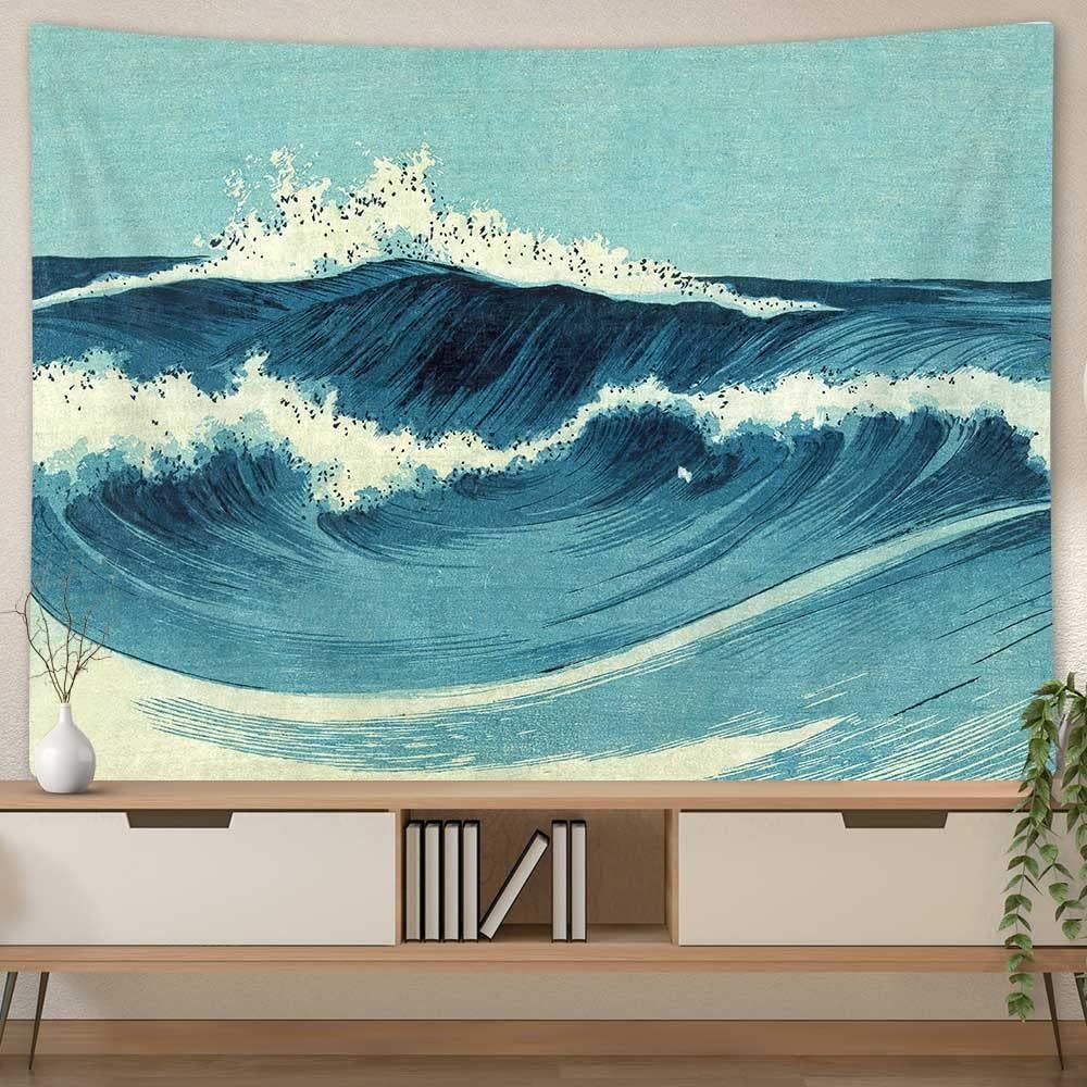 Retro ocean wiszący gobelin ścienny, vintage niebieska akwarela, fale oceanu, indyjski gobelin do sypialni, akademika, domu