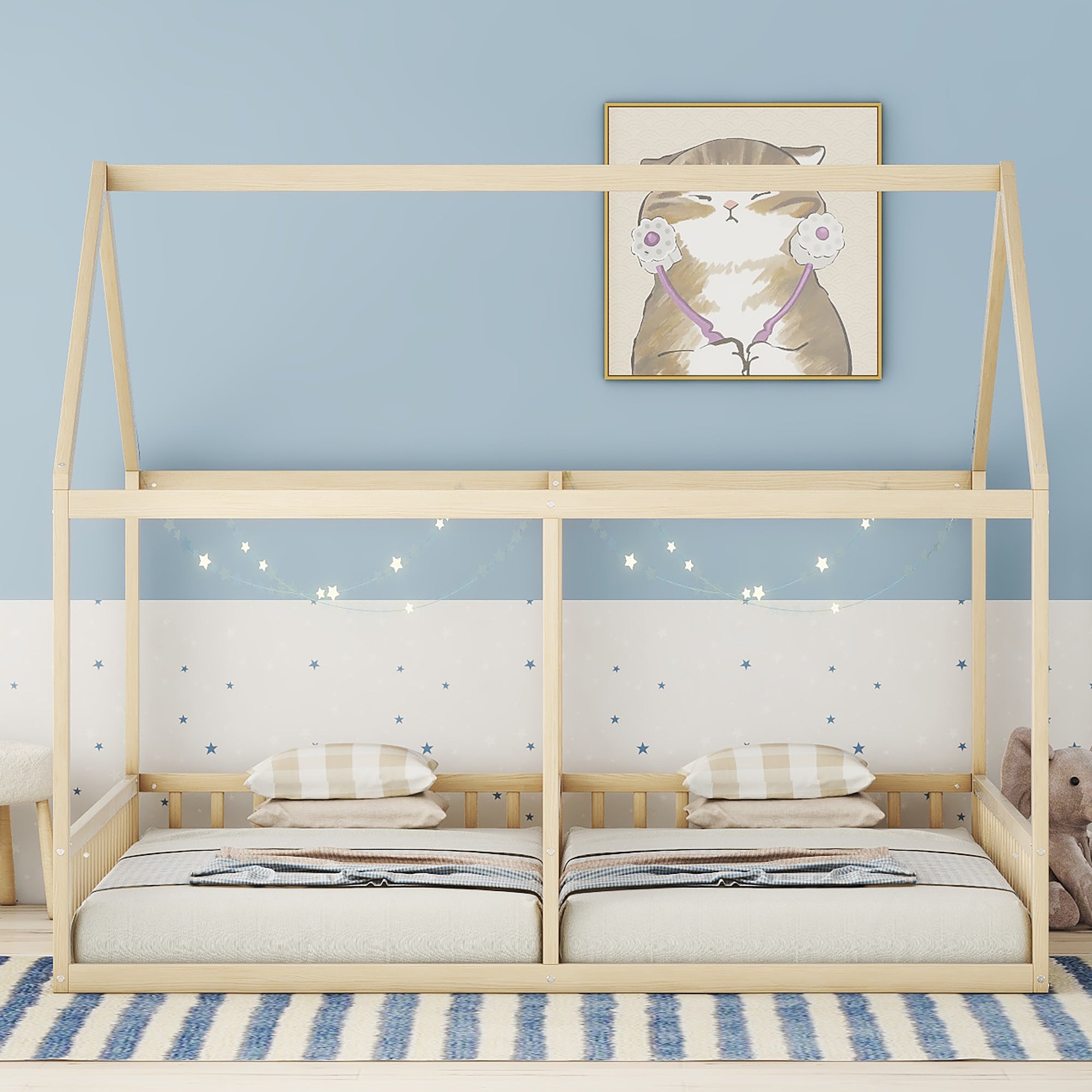 Łóżko kabinowe z drewna sosnowego 2x90x200cm - z dachem i stelażem listwowym - Naturalne - 4