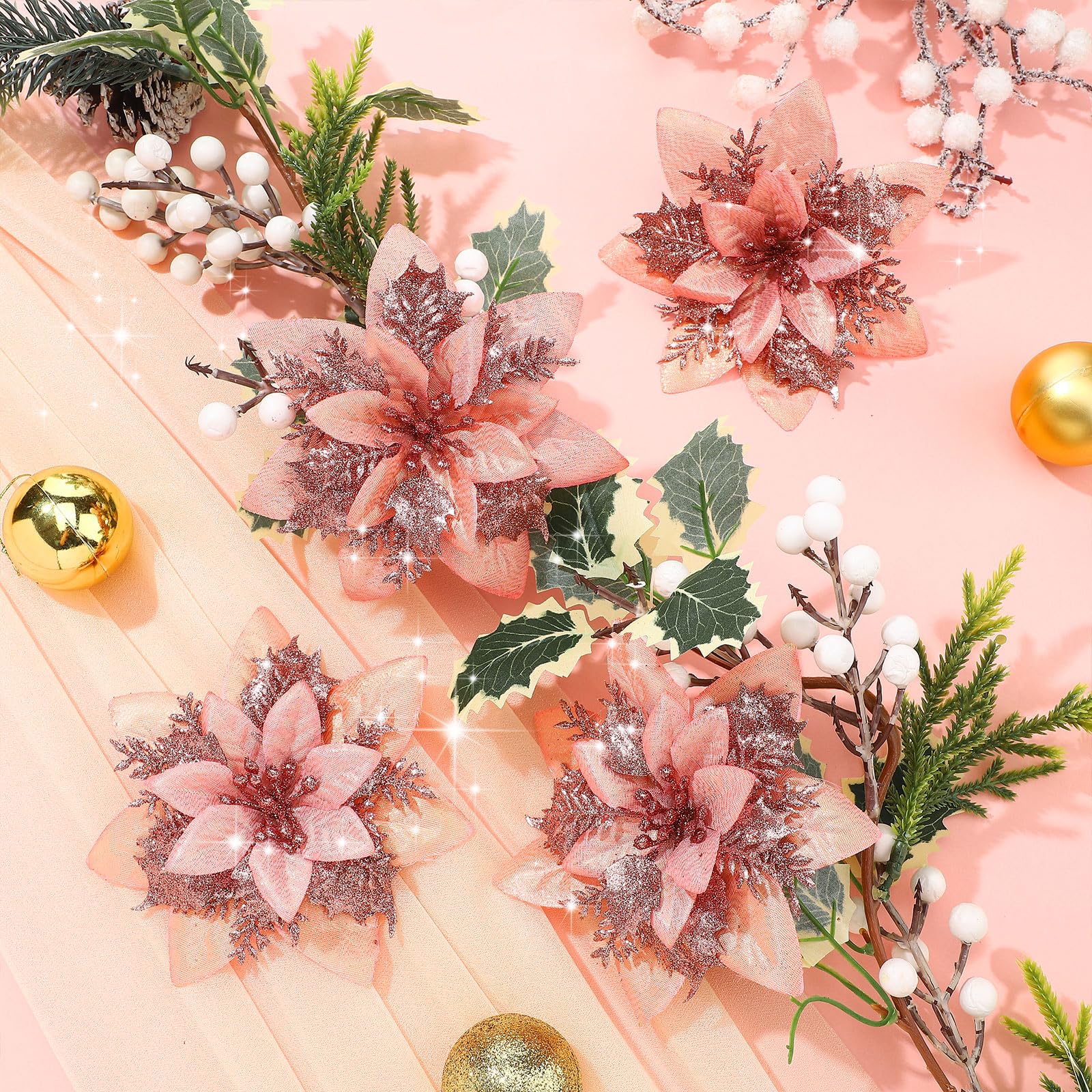 Lot de 50 décorations de Noël, fleurs artificielles scintillantes avec clips, décorations pour sapin de Noël, pendentifs de fleurs artificielles - 7