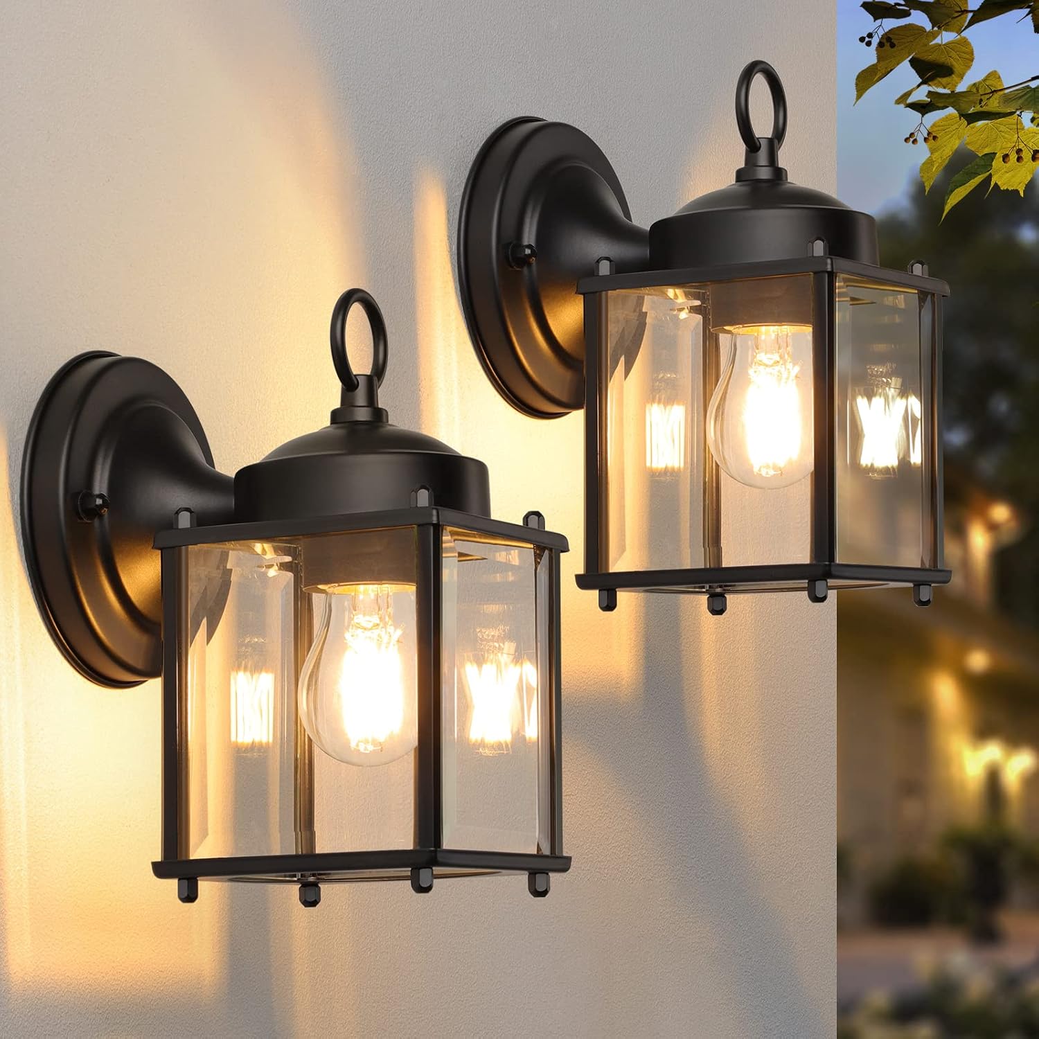 Zewnętrzna lampa ścienna, wodoodporna zewnętrzna lampa ścienna, czarna lampa ścienna do drzwi wejściowych z fazowanym szklanym kloszem