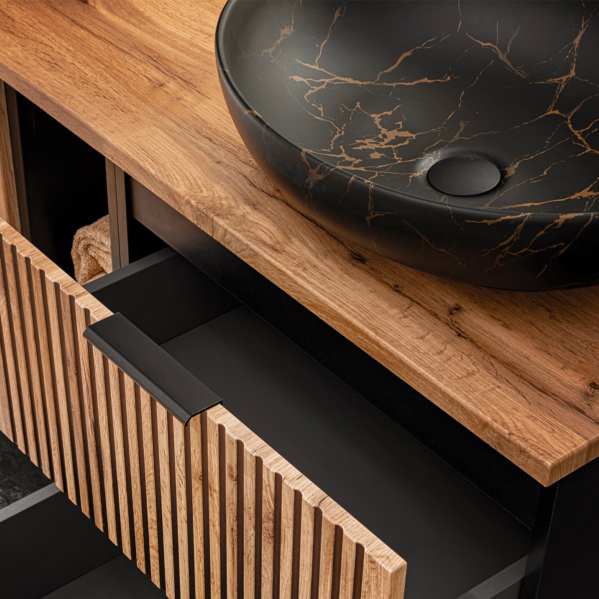 Ensemble meuble double vasque 140cm 2 niches et colonne Gaia Bois et Noir - Vasque Noir - 7