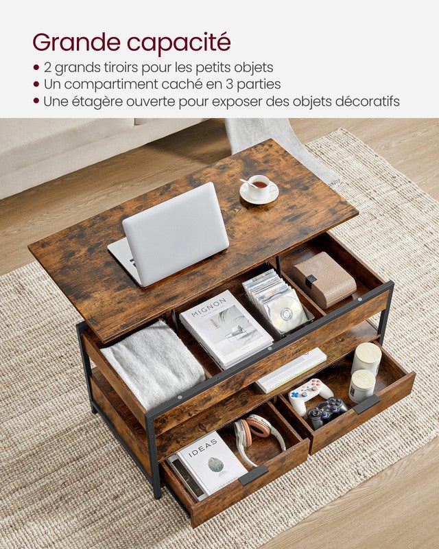 Table de Salon avec Plateau Relevable, avec Rangement Ouvert et Compartiment Caché, Marron Rustique et Noir d’Encre - 4