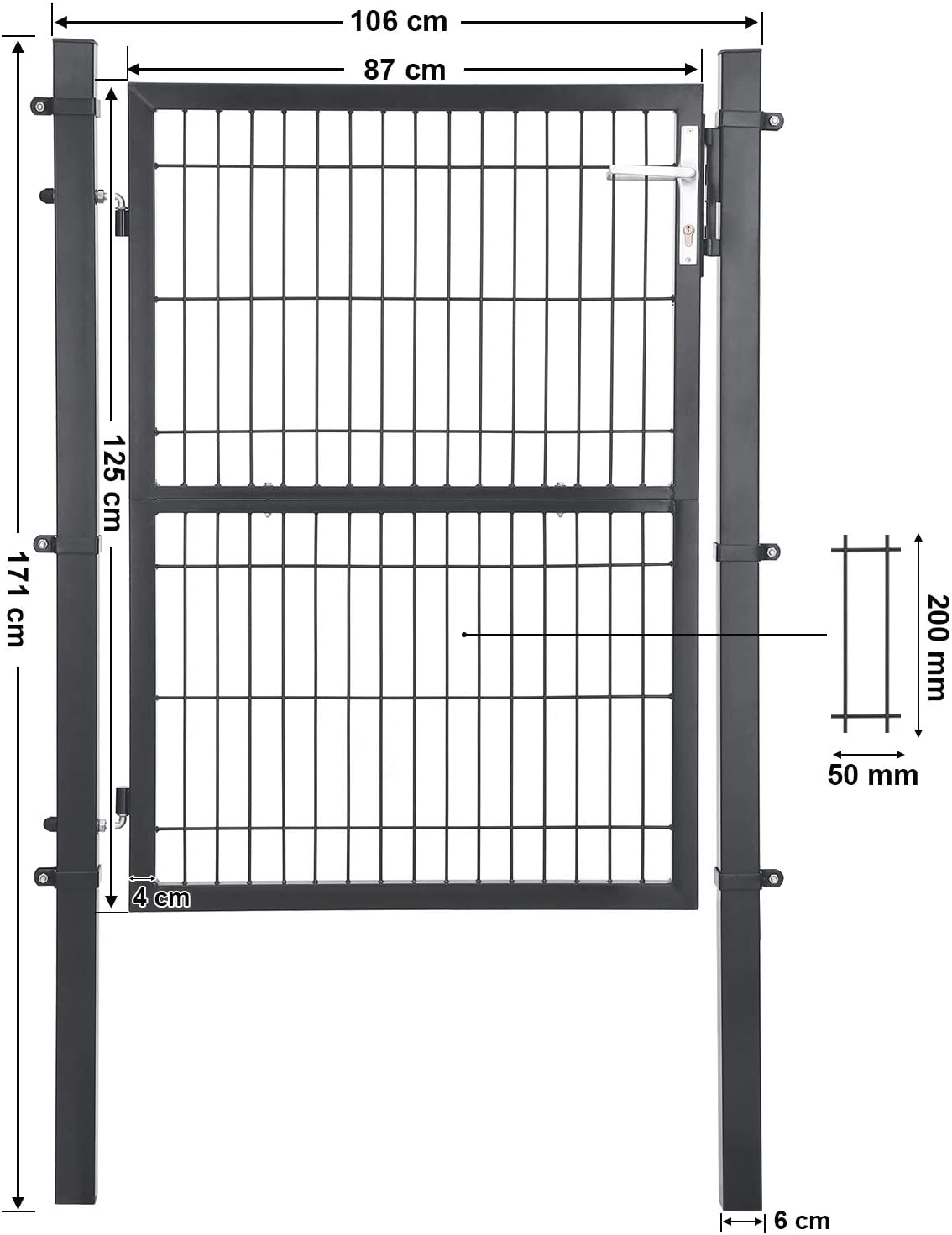 Songmics portillon en acier galvanisé, portail de clôture, porte de jardin, 106 x 170 cm (l x h), gris - 5