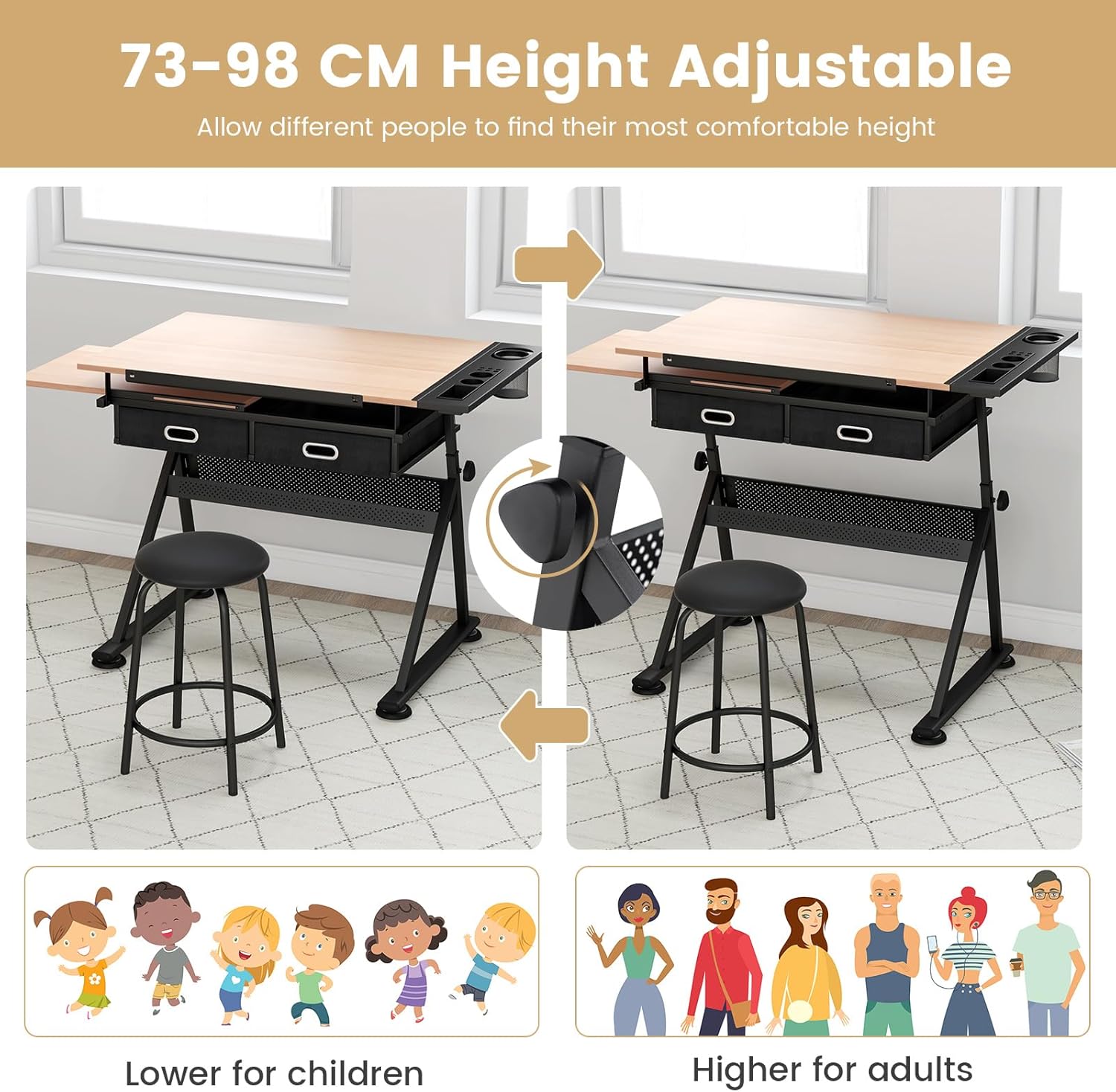 Table a Dessin Inclinable avec Tabouret, Station de Dessin Hauteur Reglable 65-90,5 CM, Plateau Coulissant, 2 Grands Tiroirs et Porte-Stylo - 4