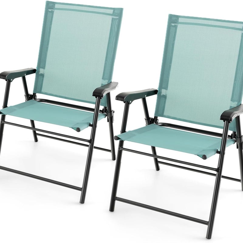Zestaw 2 Składanych Krzeseł Ogrodowych, Oddychająca Tkanina i Solidna Metalowa Rama, Lekkie Przenośne Krzesła z Oparciem z Tkaniny (Miętowo-Zielone)