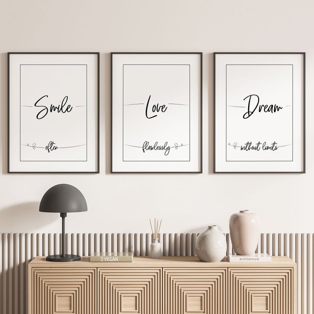 Lote de 3 Pósteres Tríptico Decorativos - Smile Love Dream-Borde Negro - 3 Poster - 30x40 cm - Marcos no incluidos
