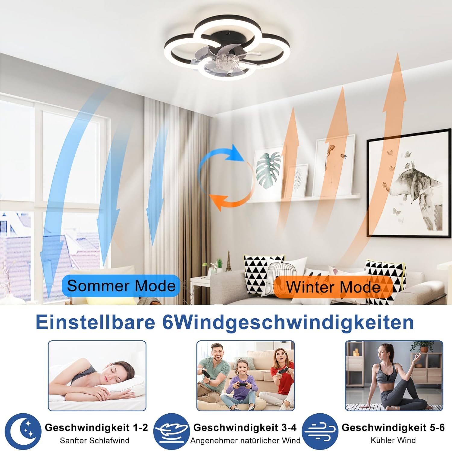 ZMH Ventilador de techo con luz, silencioso, 6 velocidades, moderno, regulable para sala de estar - 5