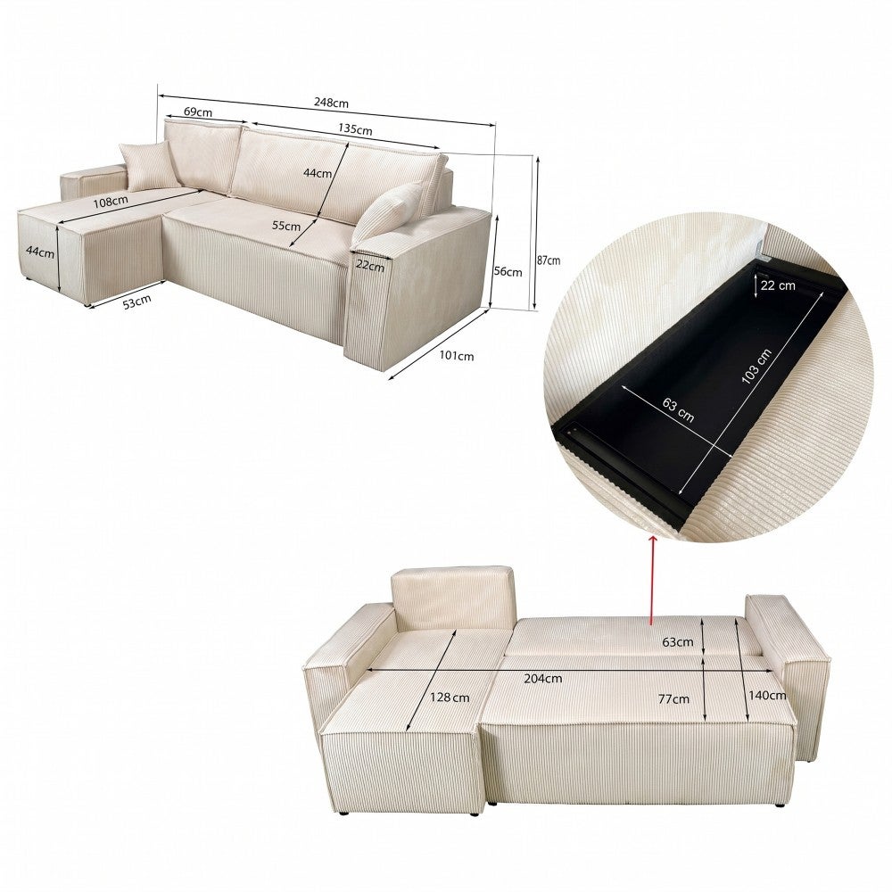 Canapé d'angle convertible et réversible avec coffre ELISE en velours côtelé / Beige - 4