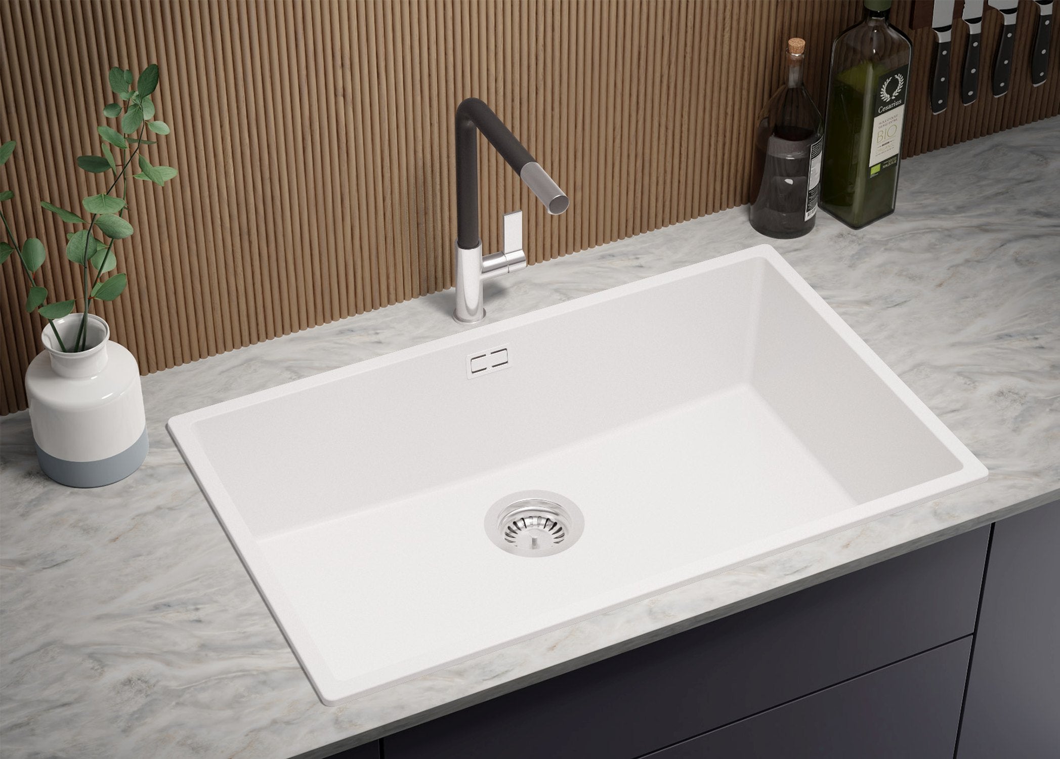 Lava-louça de pousar Branco 76x47cm, Pia de Cozinha 1 cuba + Kit de drenagem, Pia em Granito em armários de 80cm - Madrid PRIMAGRAN - 2