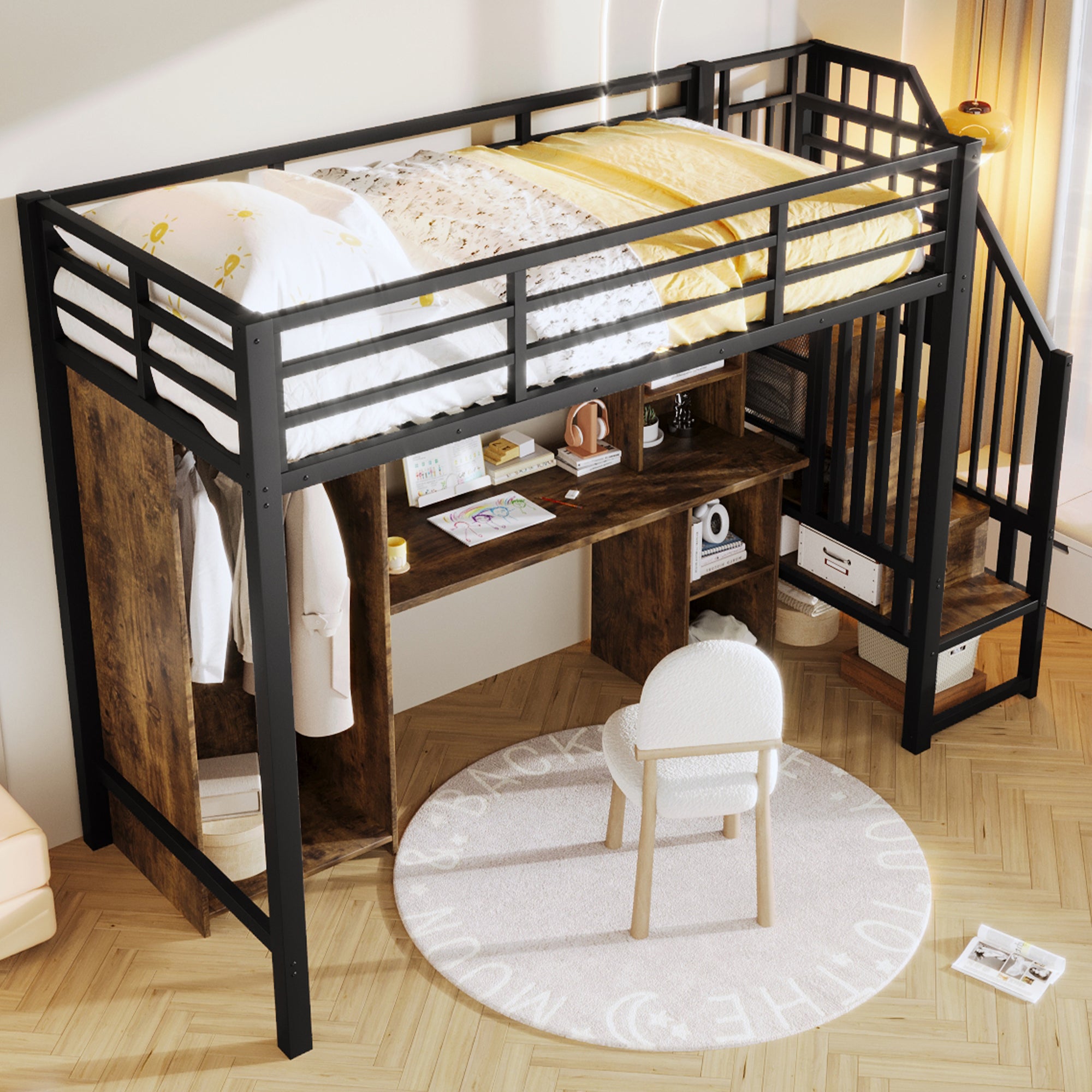 Lit mezzanine avec bureau,Lit simple 90x200 cm avec penderie et rangements,Lit mezzanine en fer,avec escalier de rangement,Noir(matelas non inclus) - 5