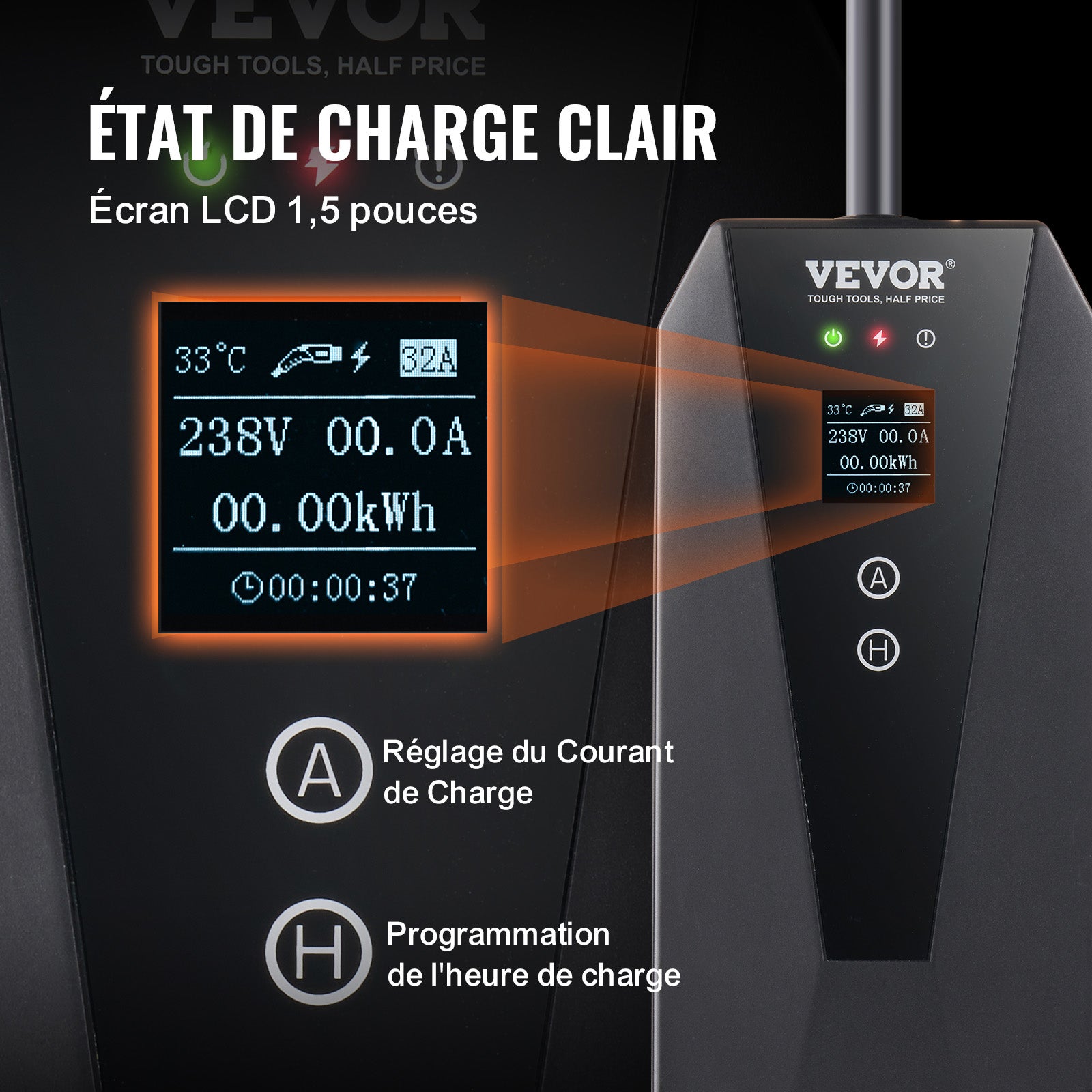 Chargeur Voiture Électrique Portable Type 2 VEVOR, 16A 3,7 kW, Câble 8,6 m, Prise CEE 7/7, IP66, Écran LCD, IEC 62196, Sac & Crochet - 6
