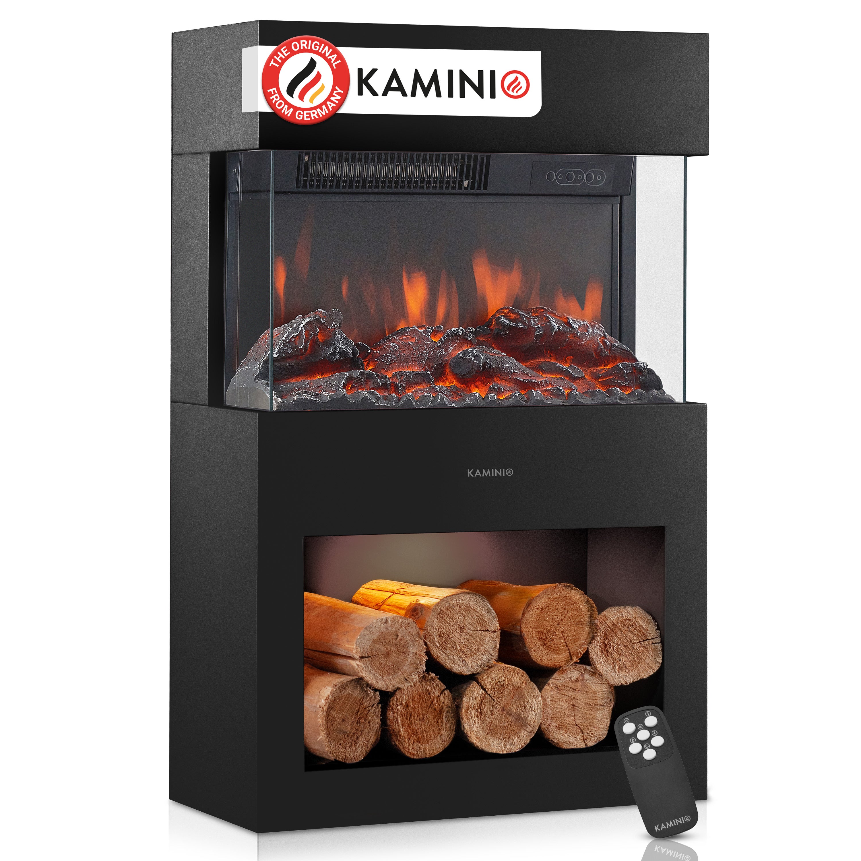 KAMINIO Kominek elektryczny HENRI – piec kominkowy z ogrzewaniem, efektem płomienia 3D, oświetleniem nastrojowym, komorą na drewno, pilotem – Czarny