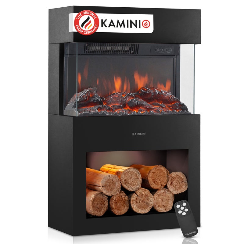 KAMINIO Kominek elektryczny HENRI – piec kominkowy z ogrzewaniem, efektem płomienia 3D, oświetleniem nastrojowym, komorą na drewno, pilotem – Czarny